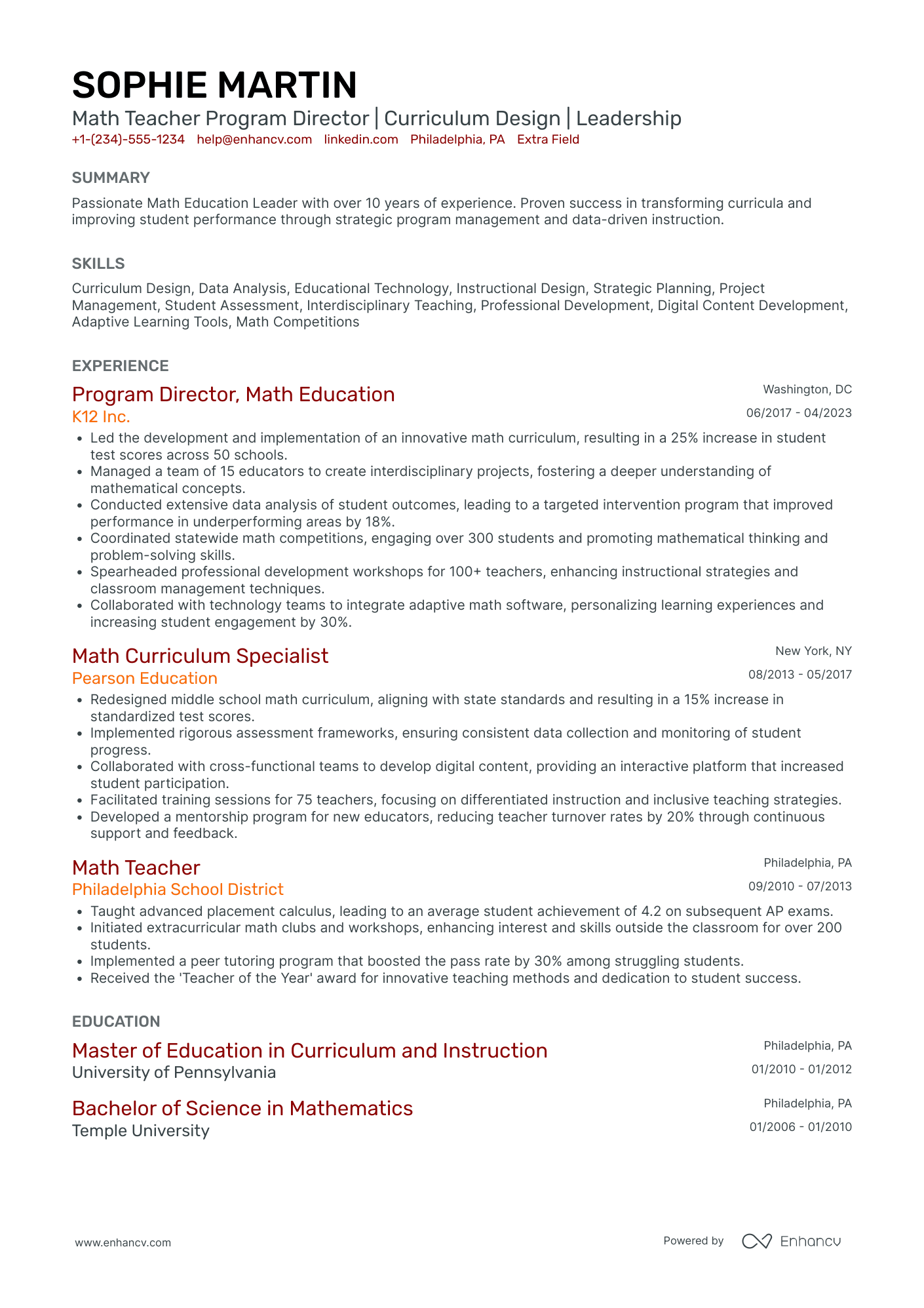 Math Teacher Program Director Resume Example