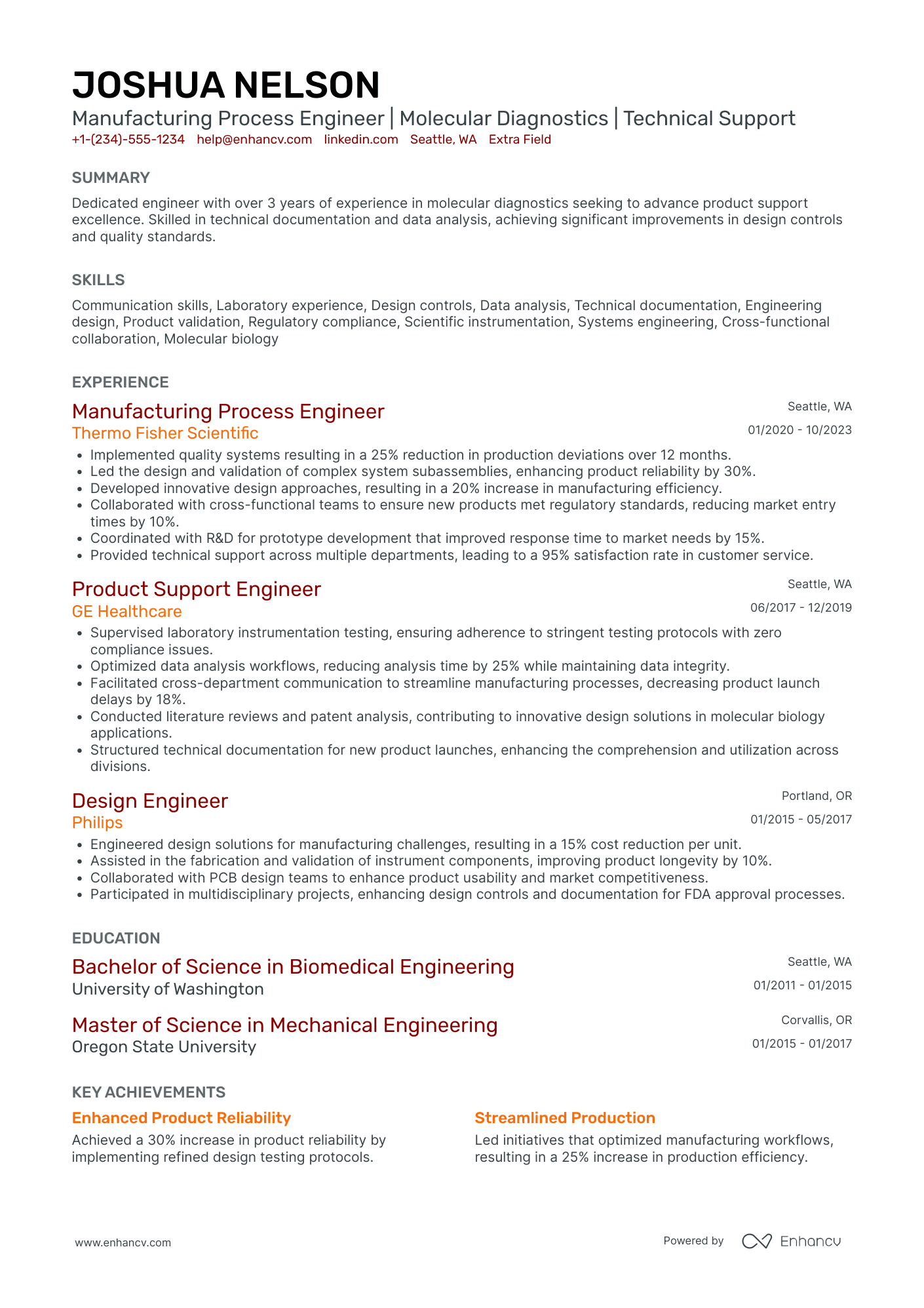 Manufacturing Process Engineer Resume Example