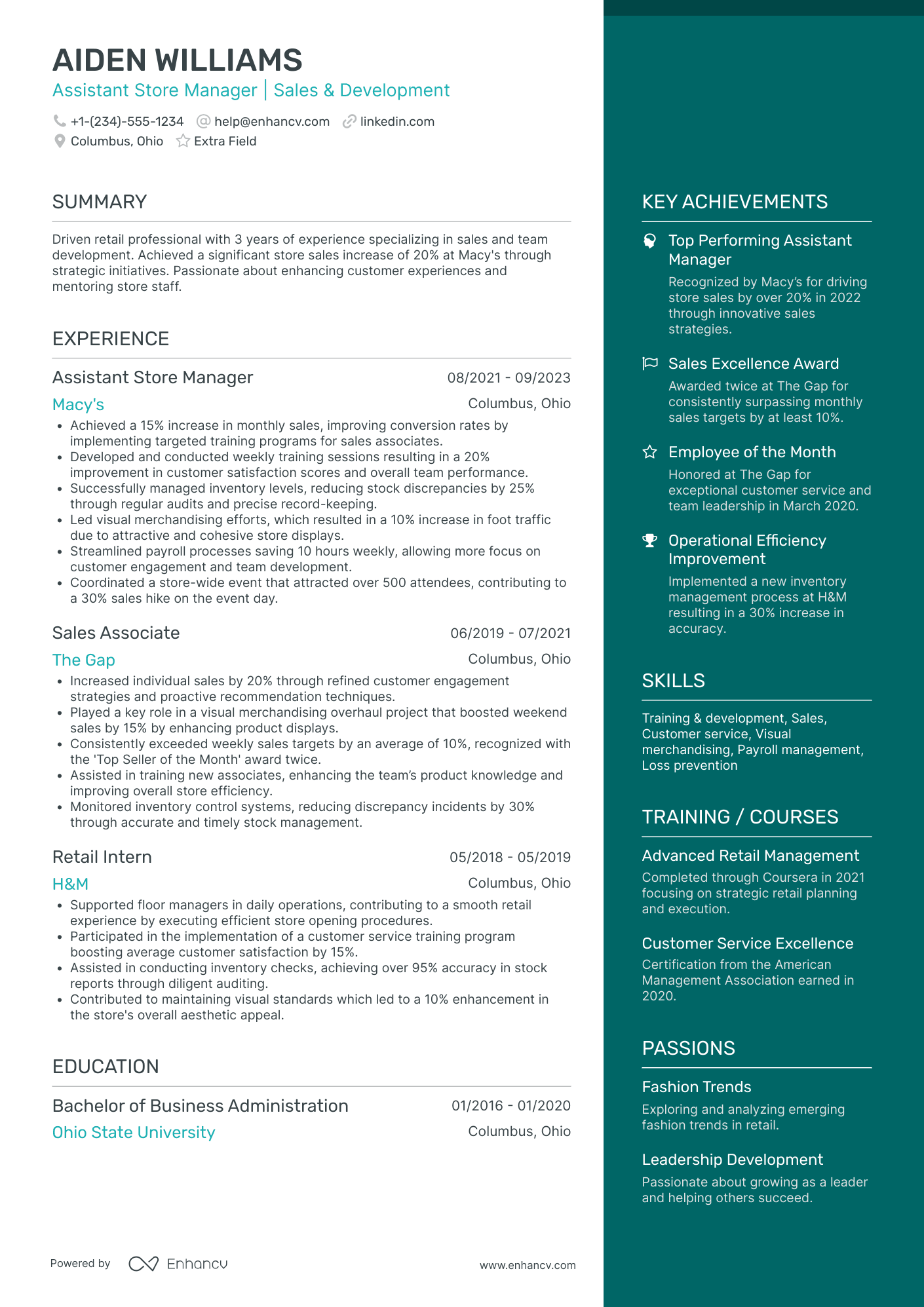 Junior Assistant Manager Resume Example