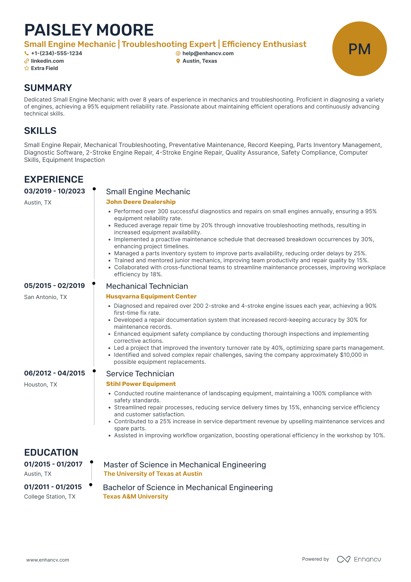 Small Engine Mechanic Resume Example