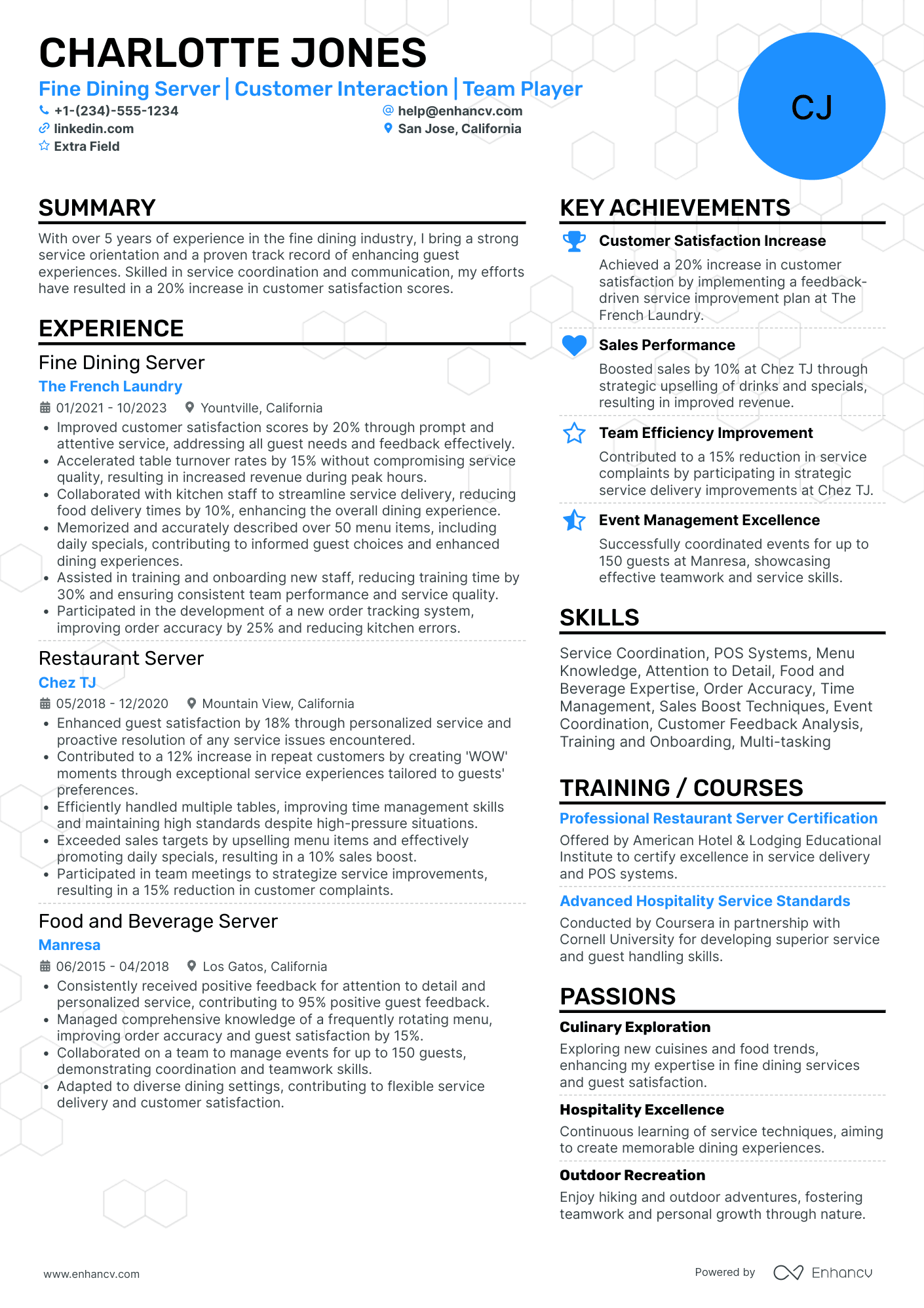 Fine Dining Server Supervisor Resume Example