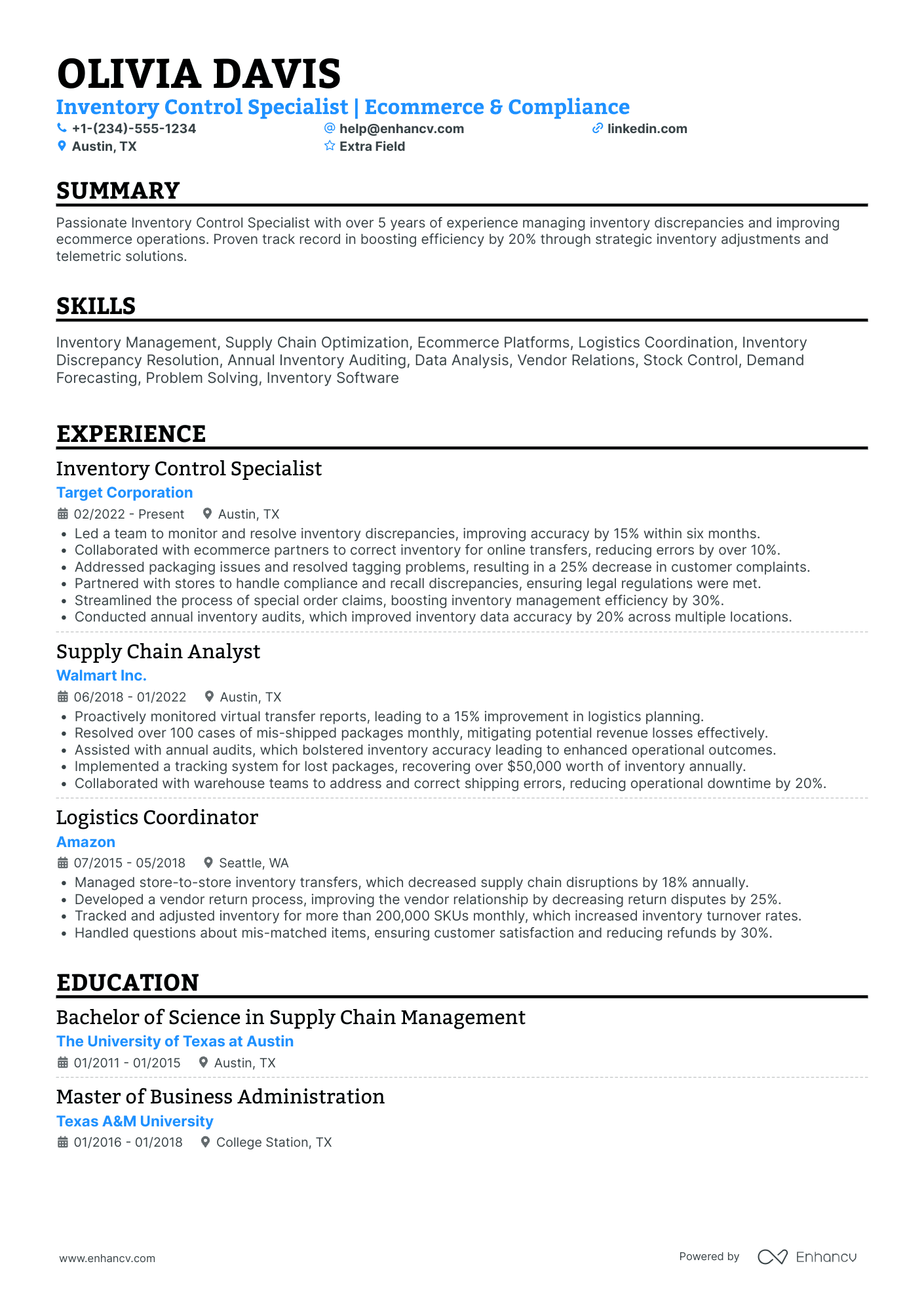 Inventory Control Specialist Resume Example