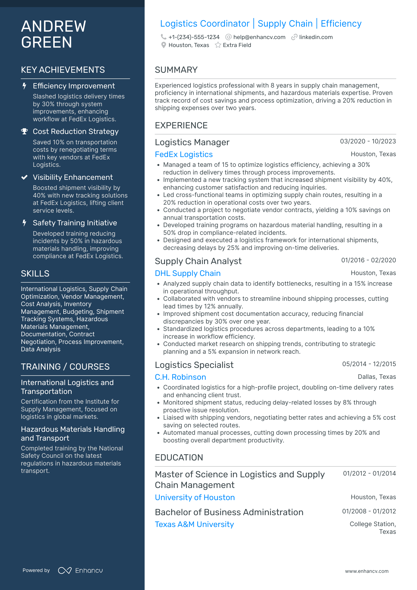 Domestic Logistics Coordinator Resume Example