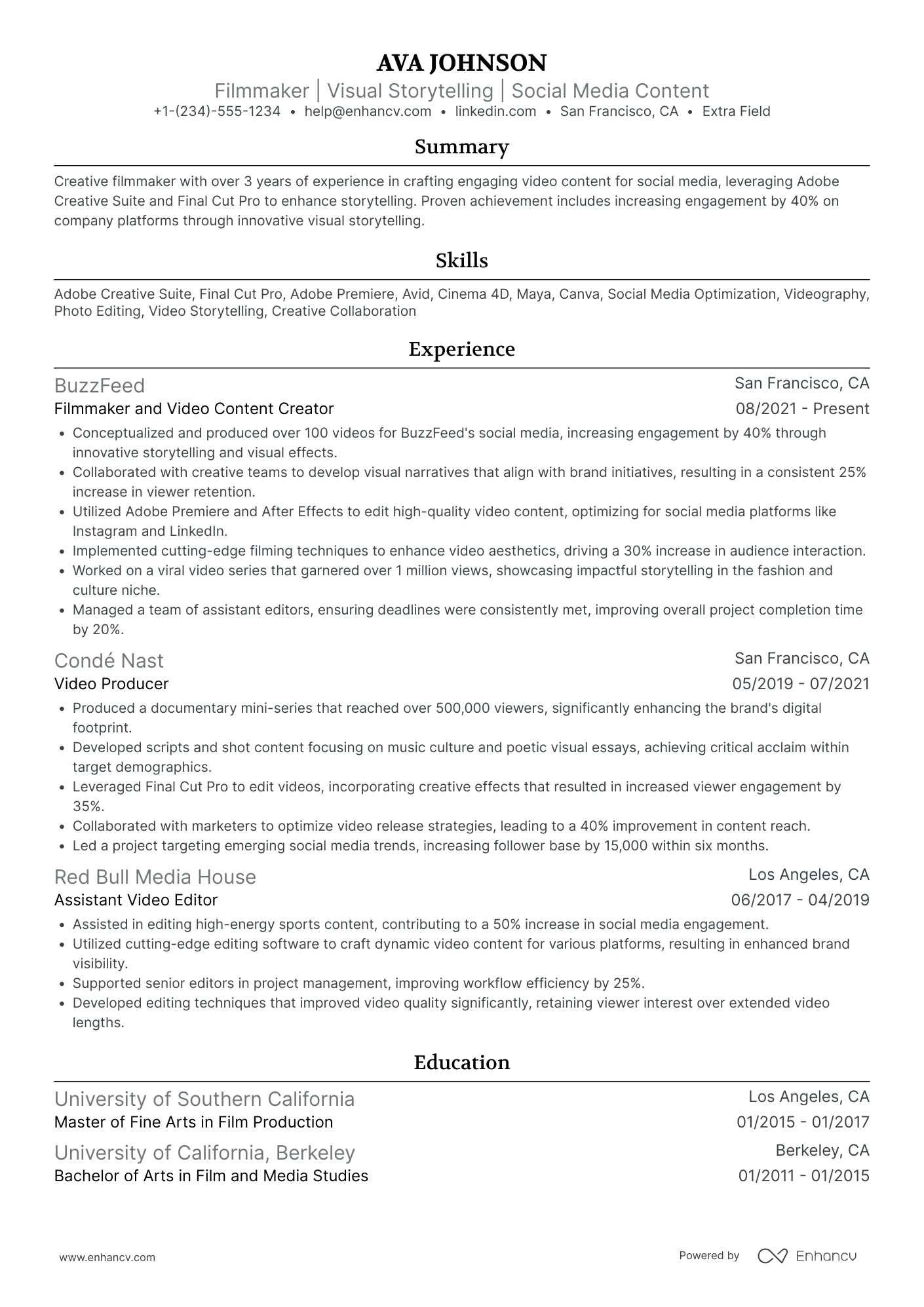 Documentary Cinematographer Resume Example