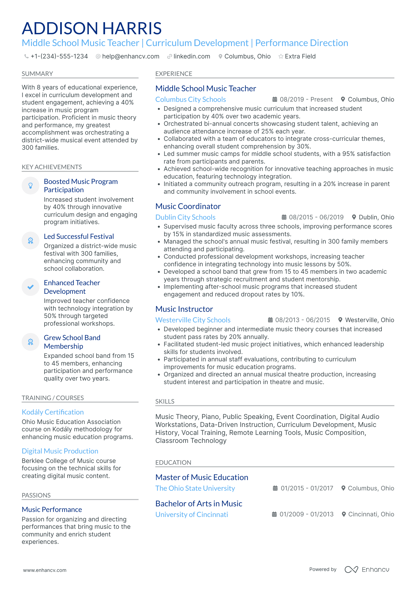 Middle School Music Teacher Resume Example