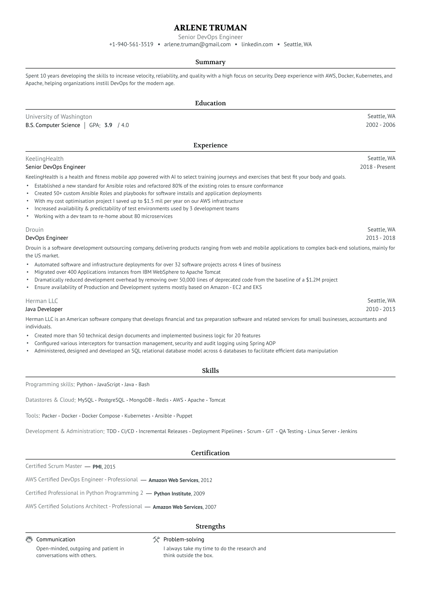 Senior Devops Engineer Resume Example