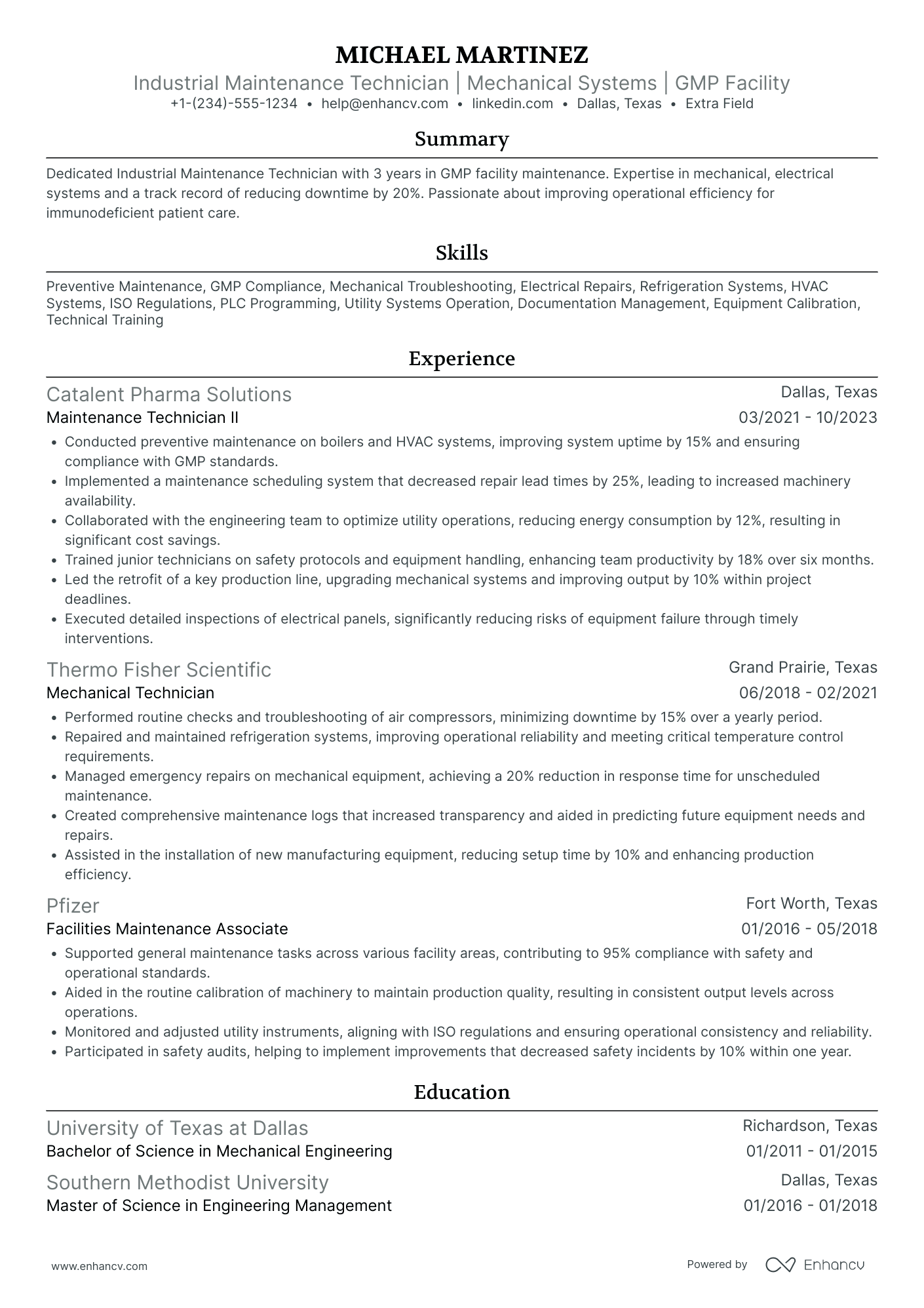 Industrial Maintenance Technician Resume Example