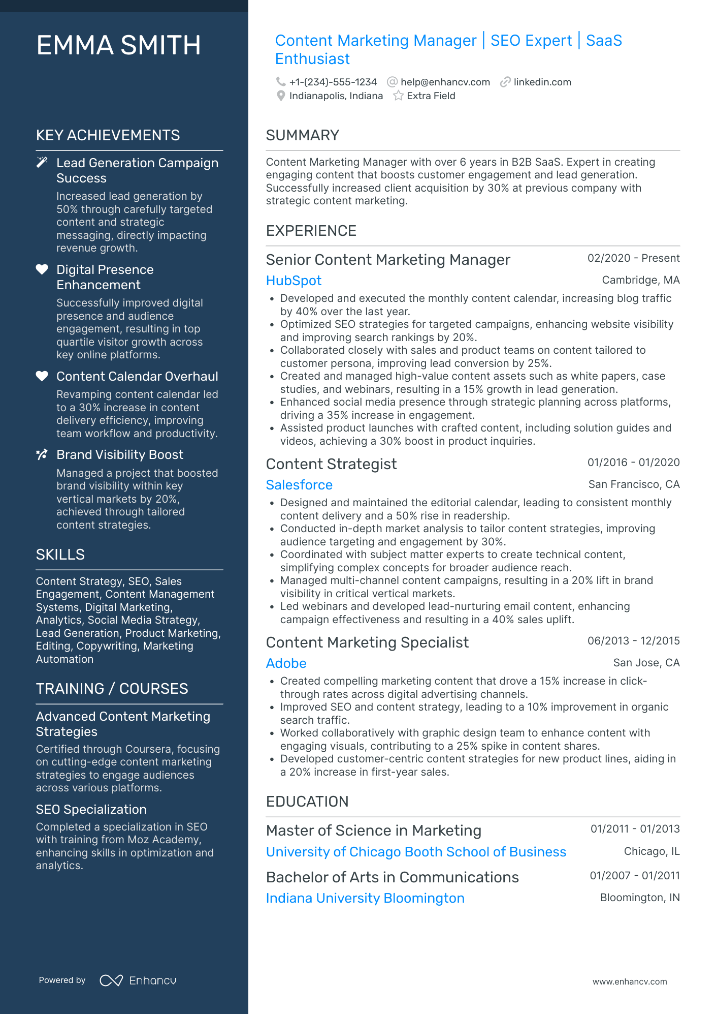 Content Marketing Manager Resume Example