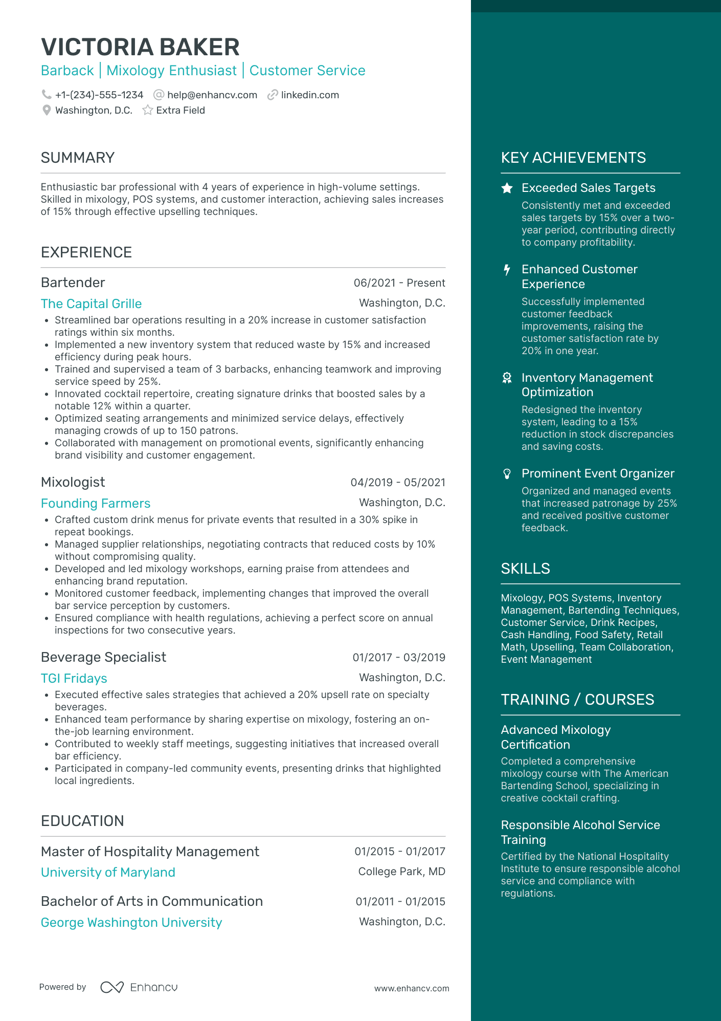 Event Barback Resume Example