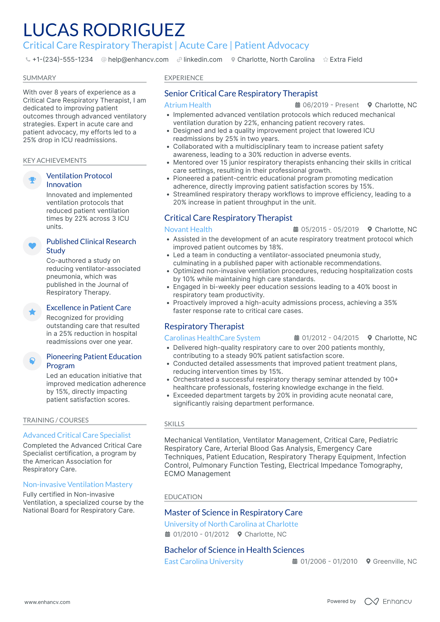 Critical Care Respiratory Therapist Resume Example