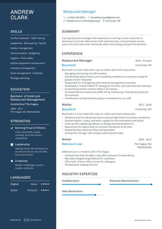 Restaurant General Manager Resume Example