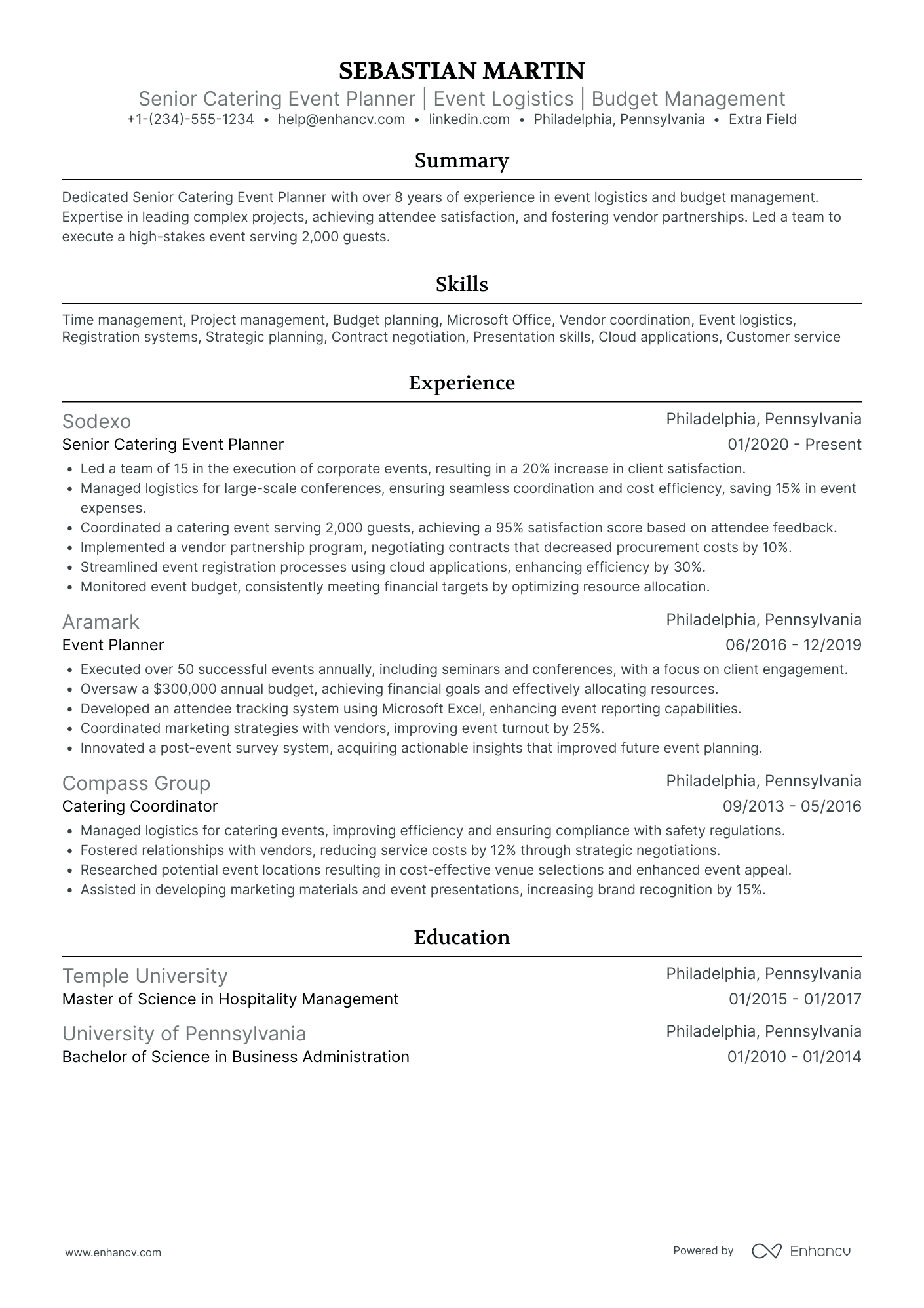 Catering Event Planner Resume Example