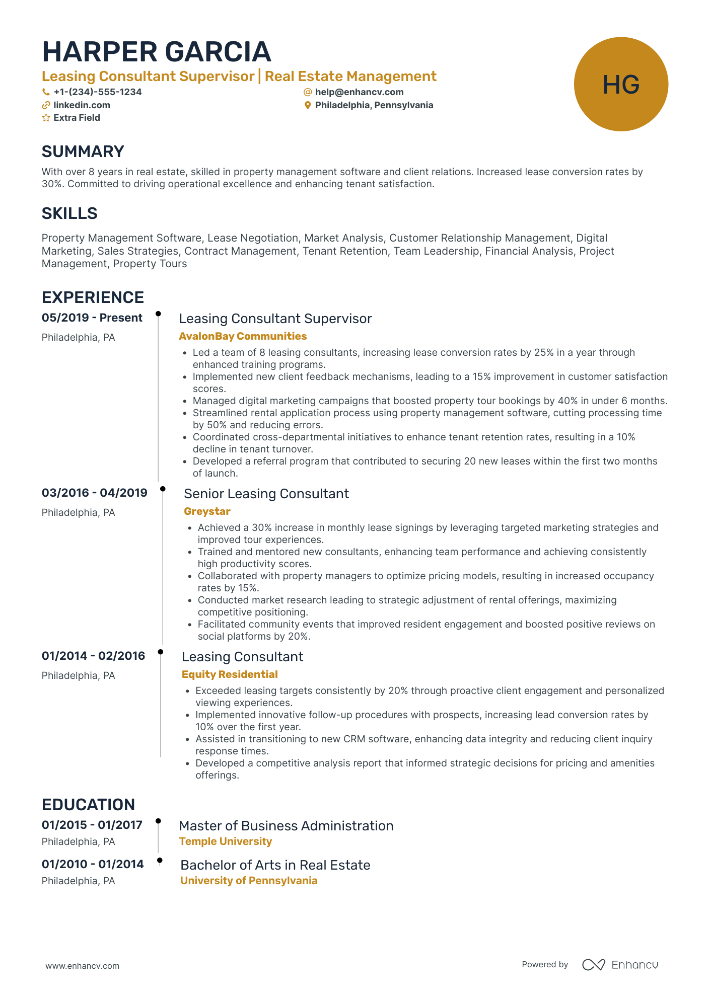 Leasing Consultant Supervisor Resume Example