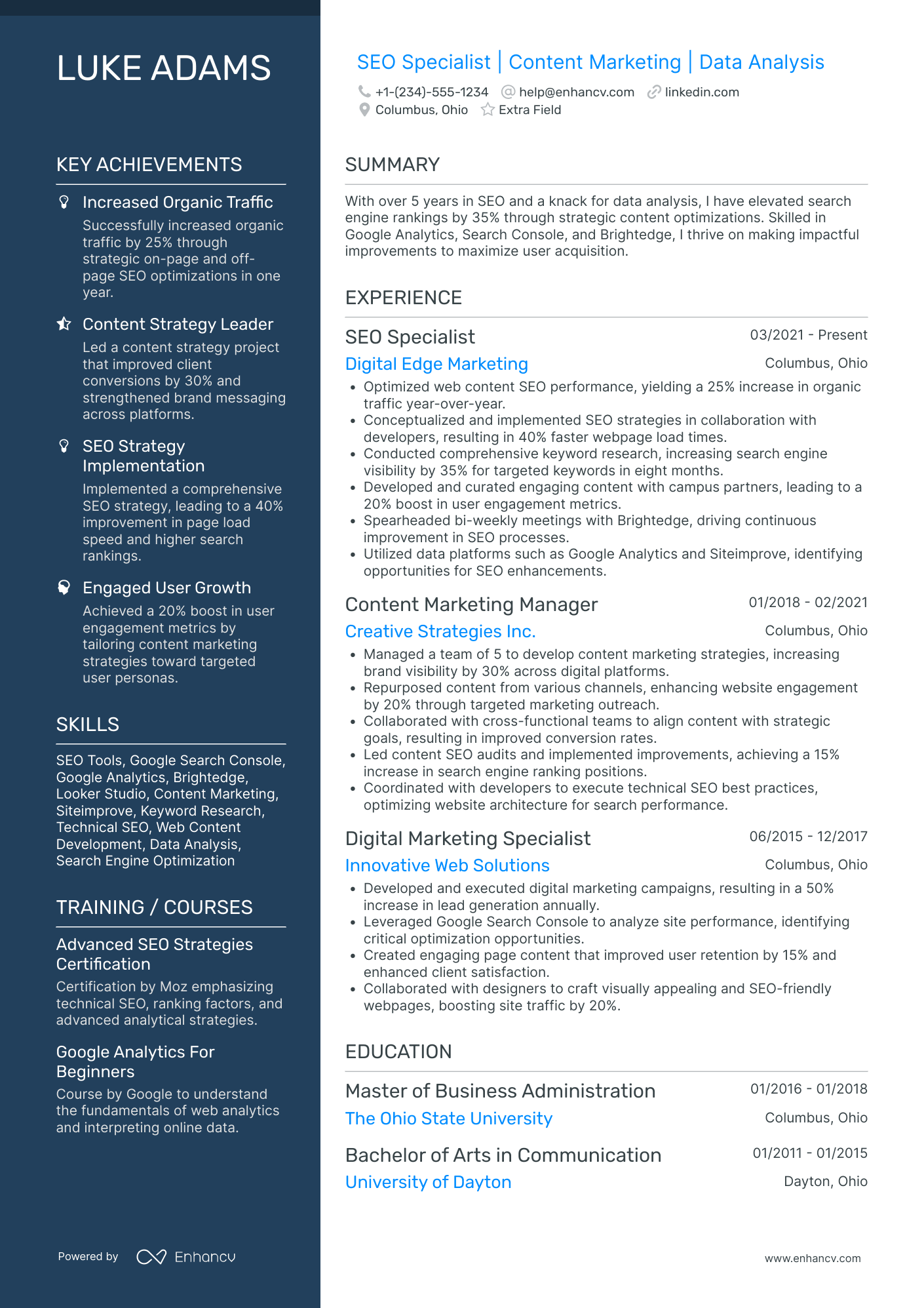 Entry Level SEO Specialist Resume Example