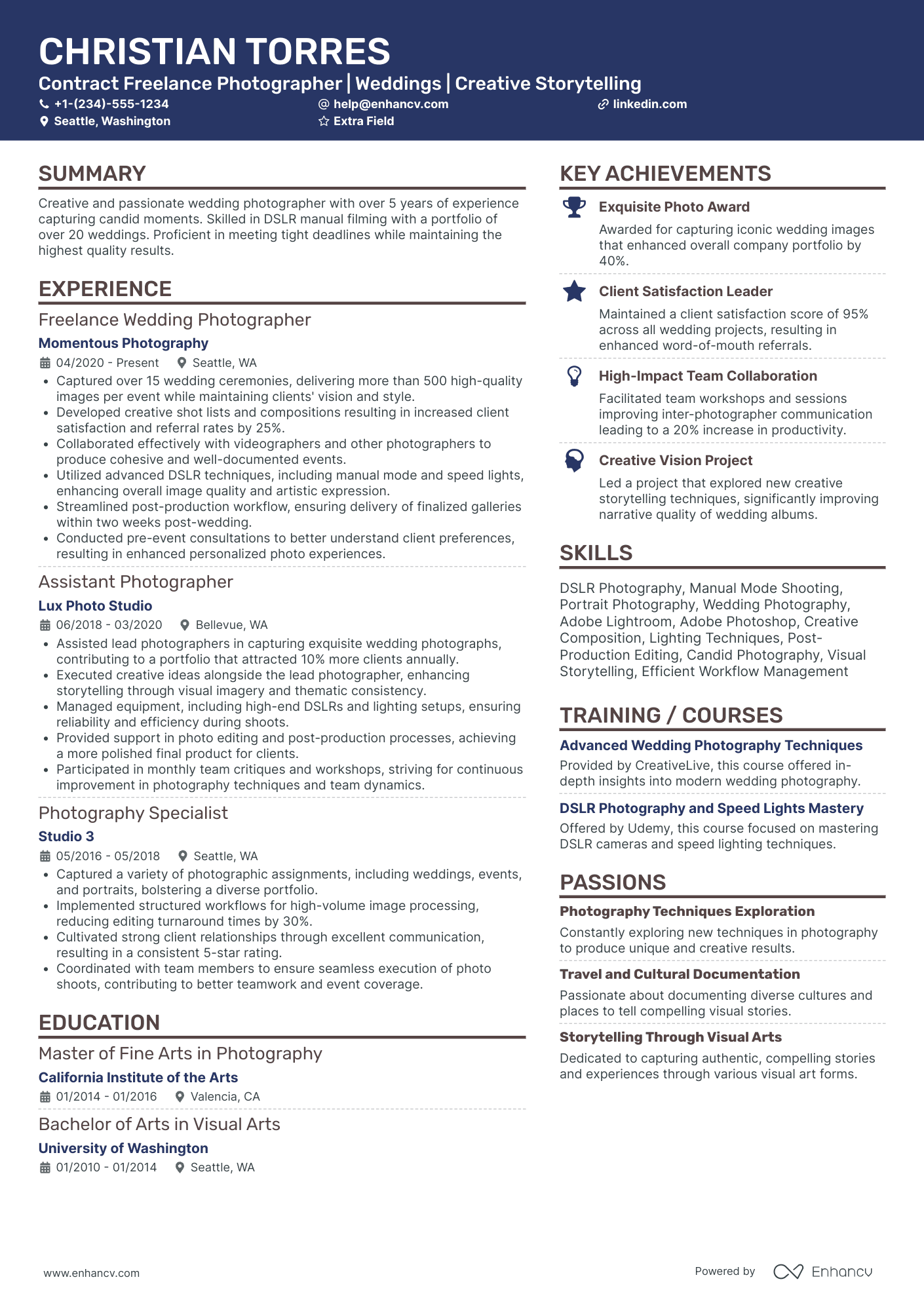 Freelance Wedding Photographer Resume Example