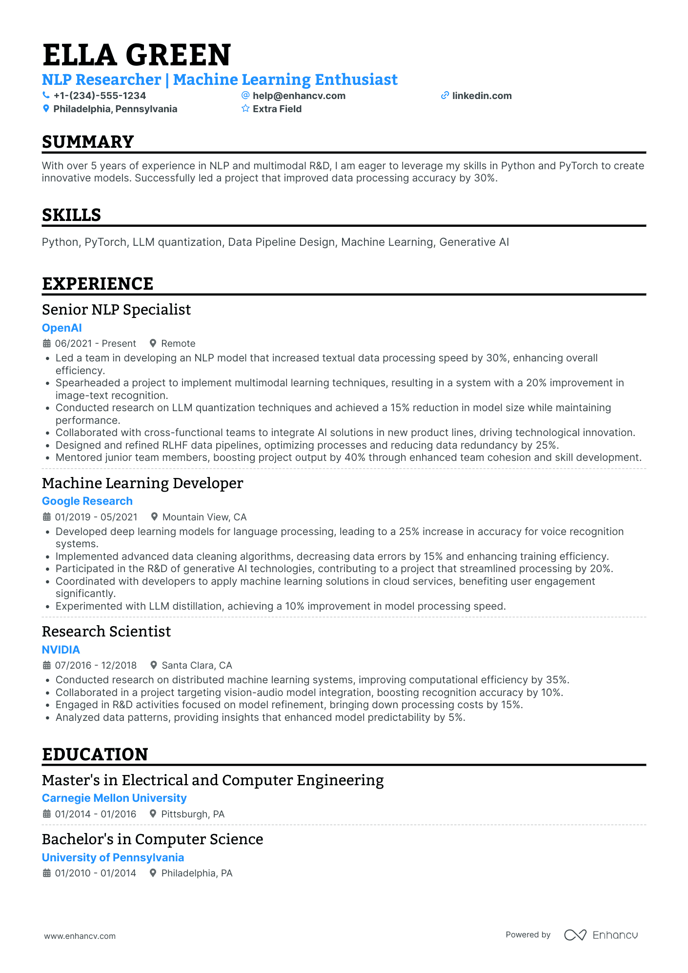 Machine Learning Researcher Resume Example