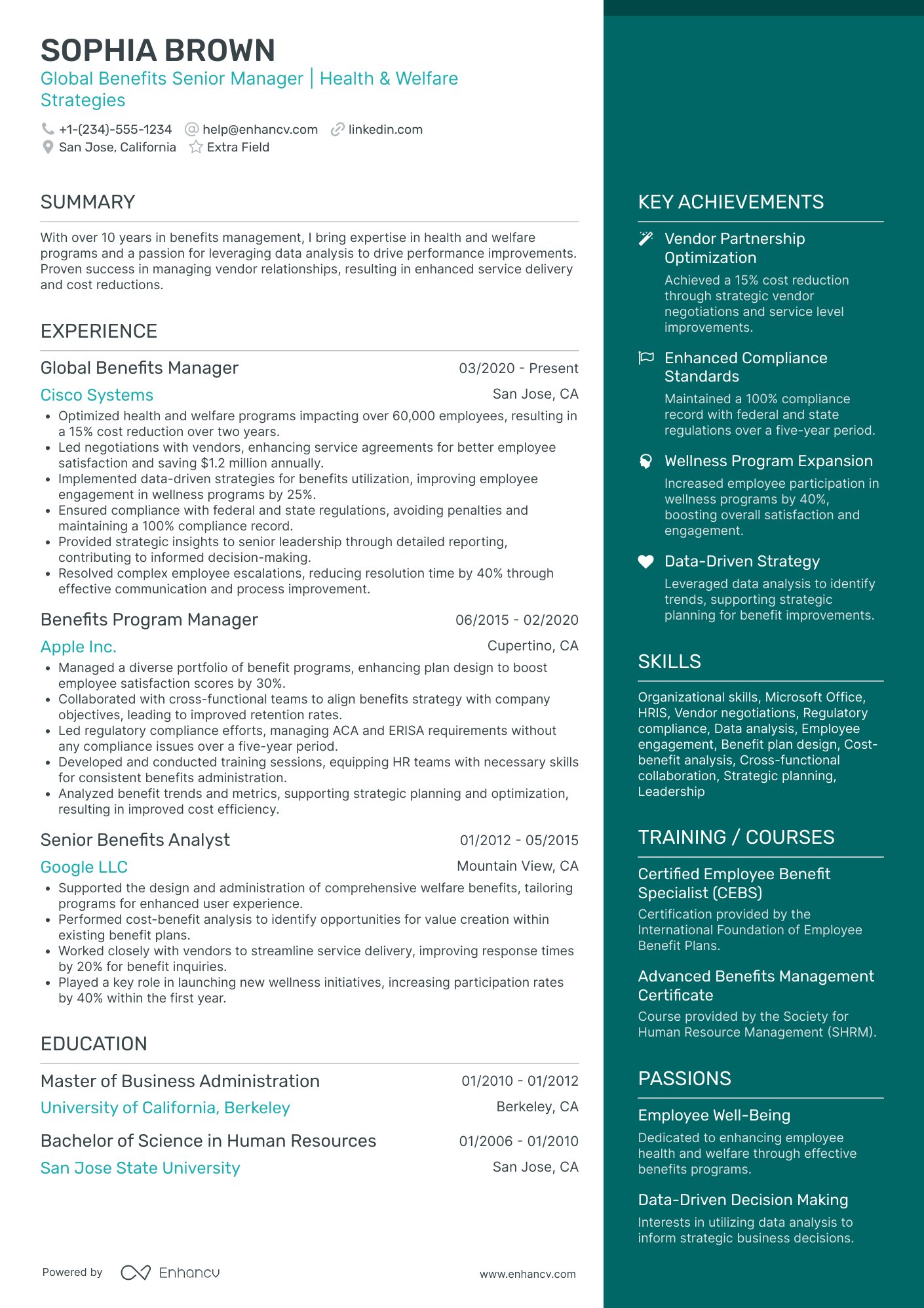 Global Benefits Manager Resume Example