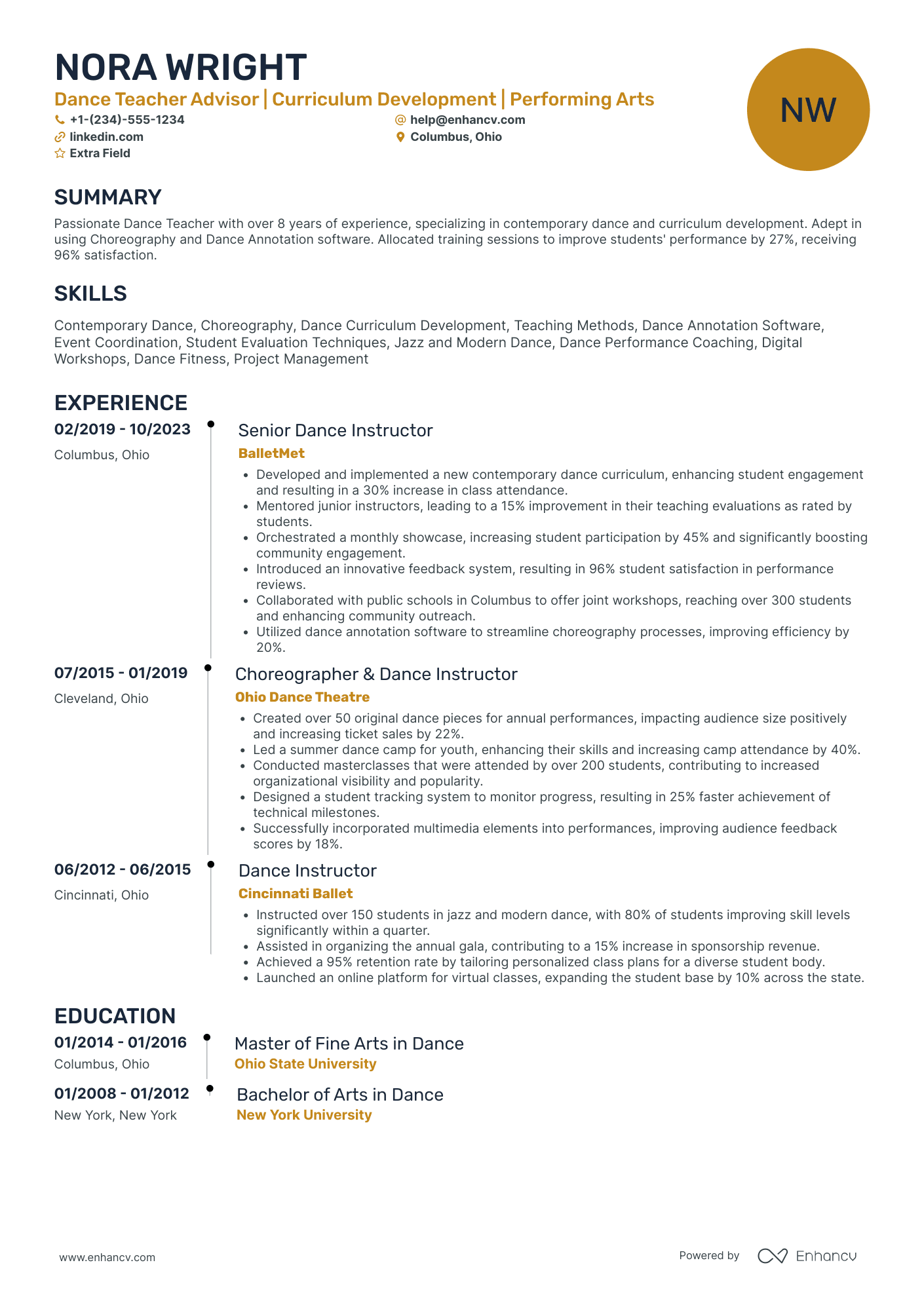 Dance Teacher Advisor Resume Example