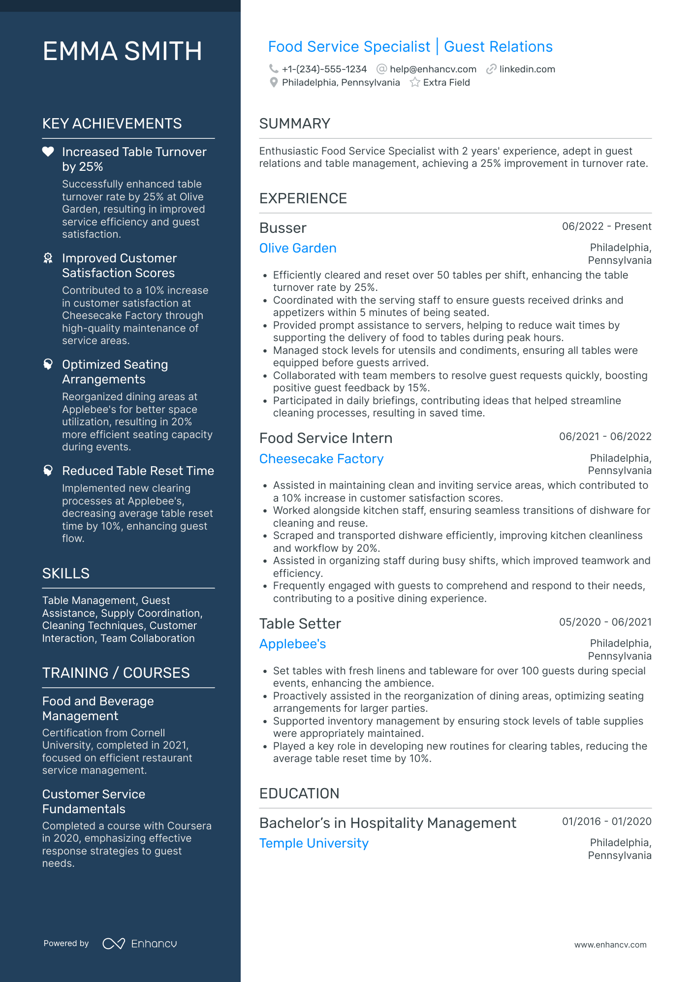 Junior Busser Resume Example