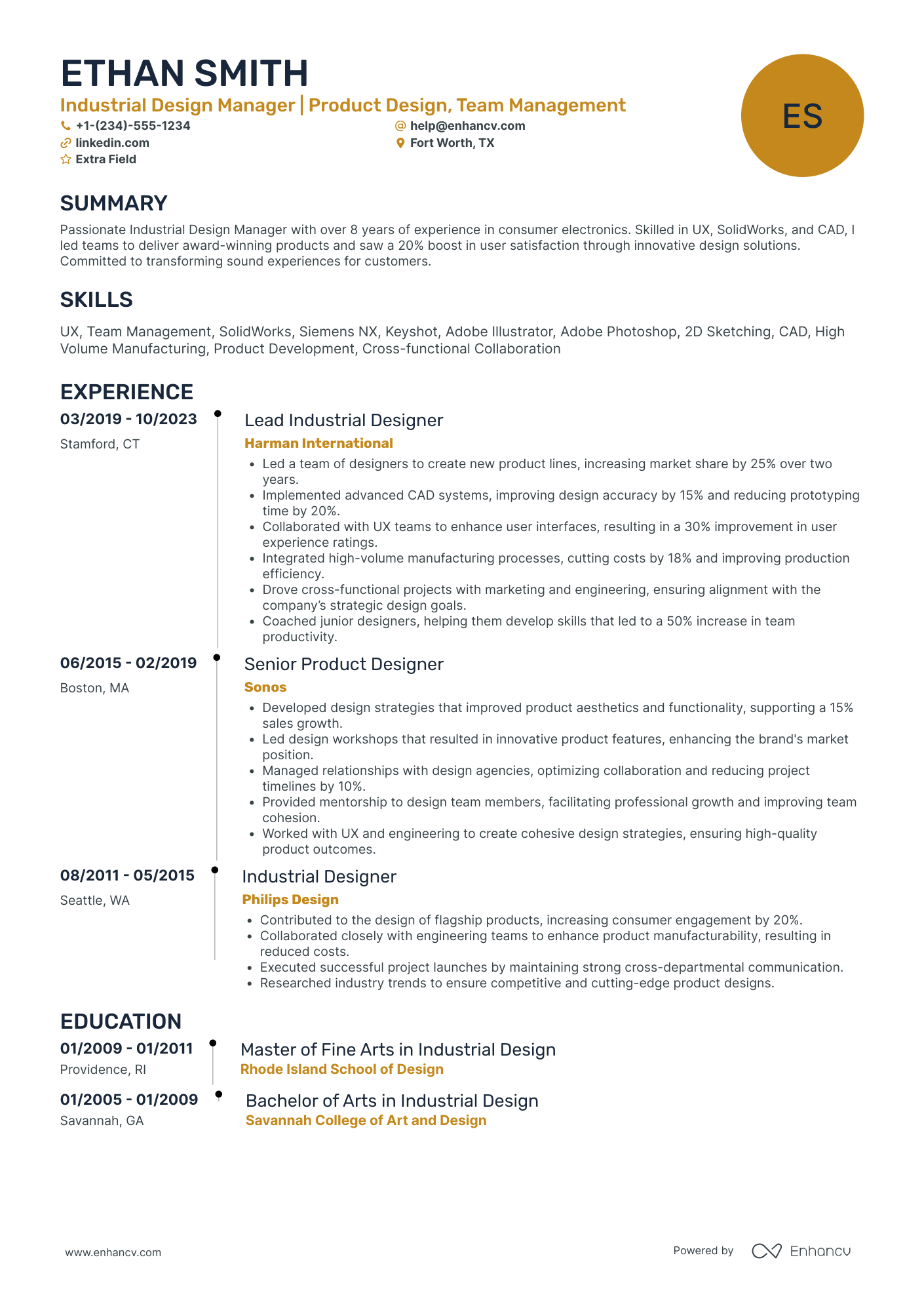 Senior Industrial Design Manager Resume Example