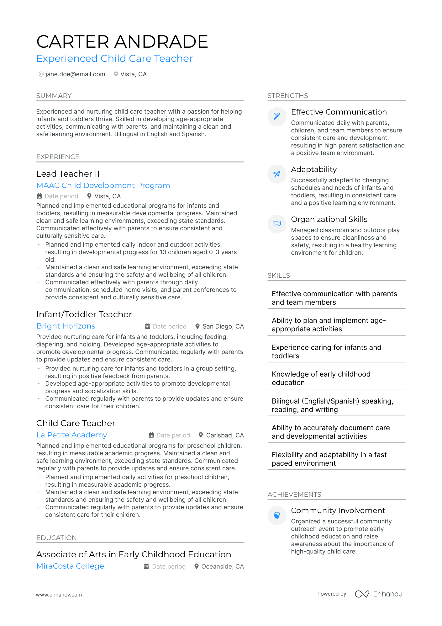 Child Care Teacher Resume Example