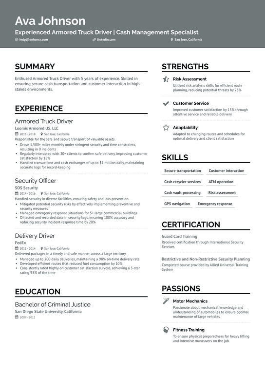 Armored Truck Driver Resume Example