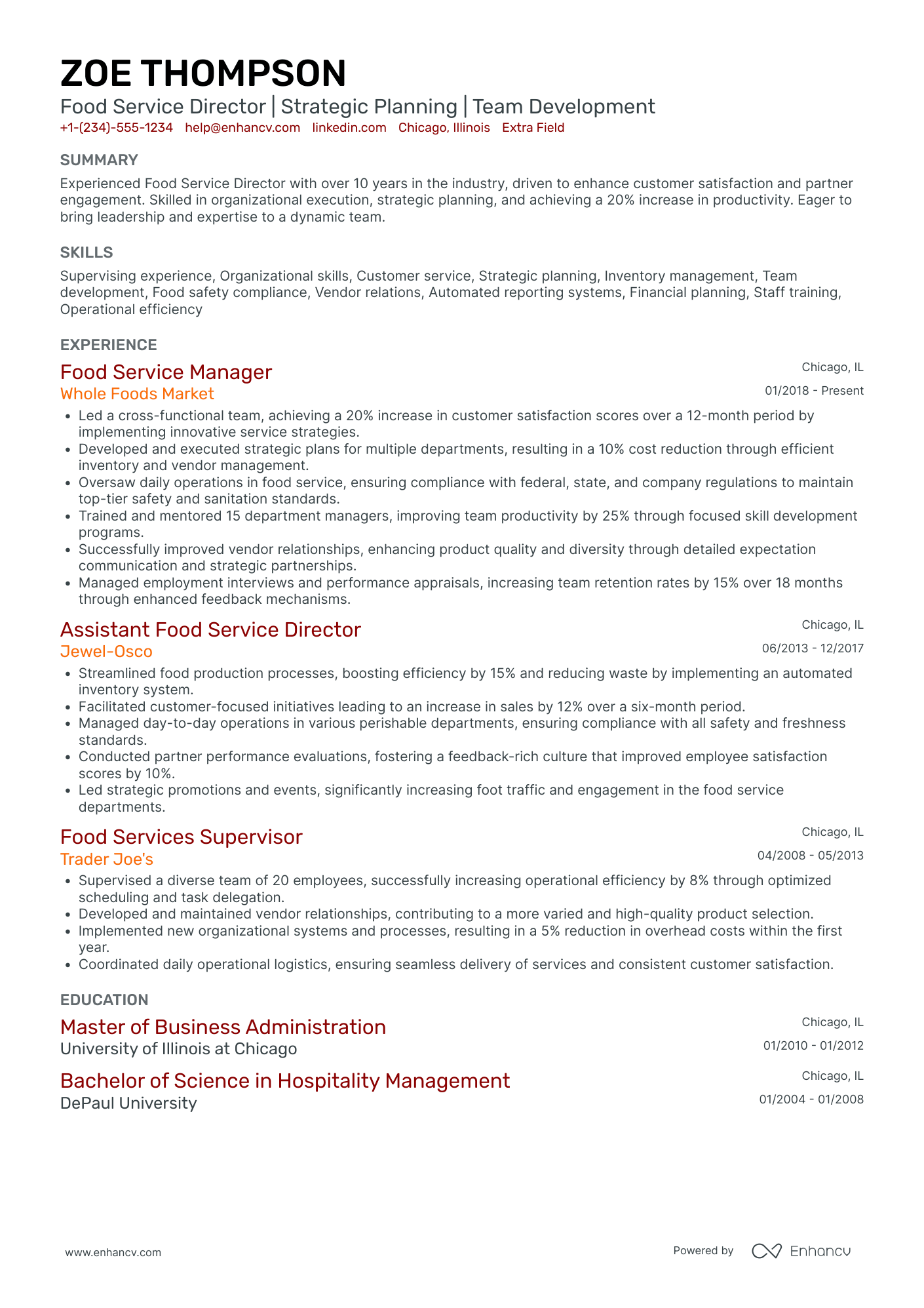 Food Service Director Resume Example