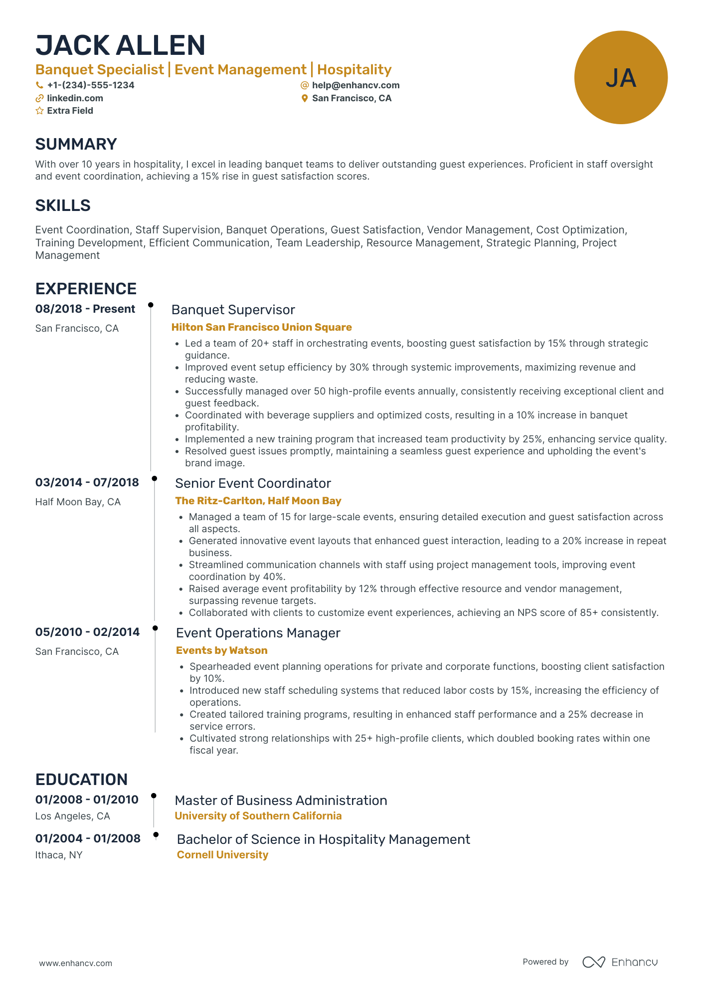 Banquet Server Supervisor Resume Example