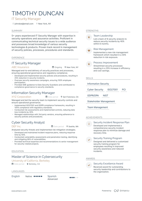 IT Security Manager Resume Example