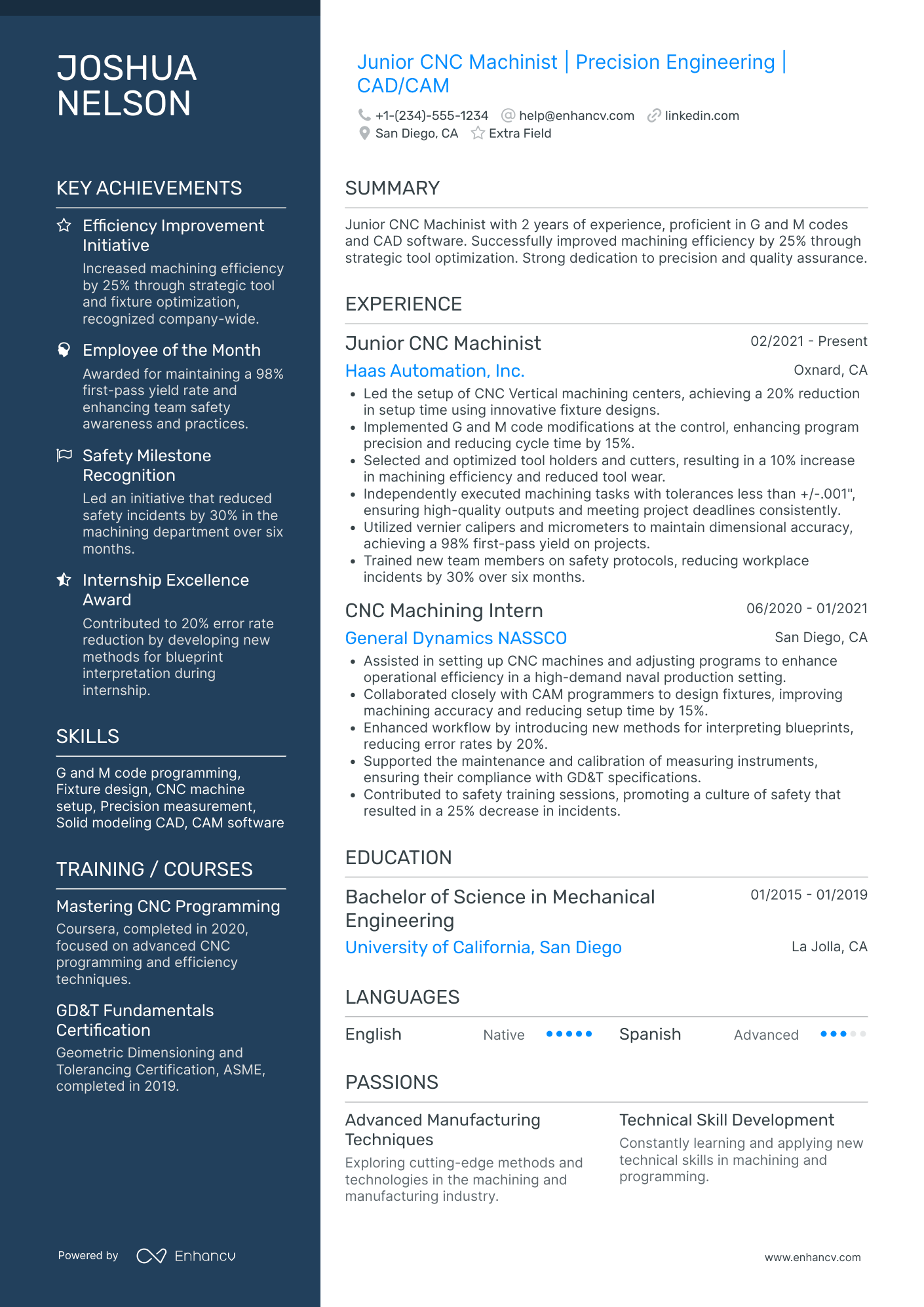 Junior CNC Machinist Resume Example