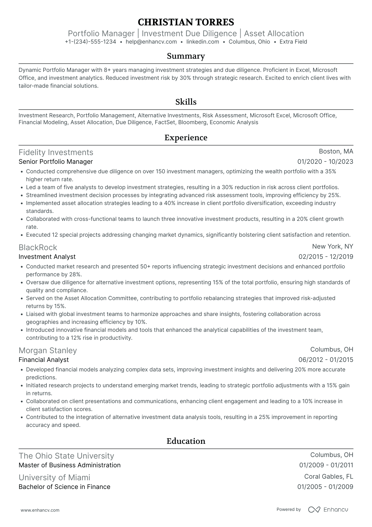 Investment Portfolio Manager Resume Example