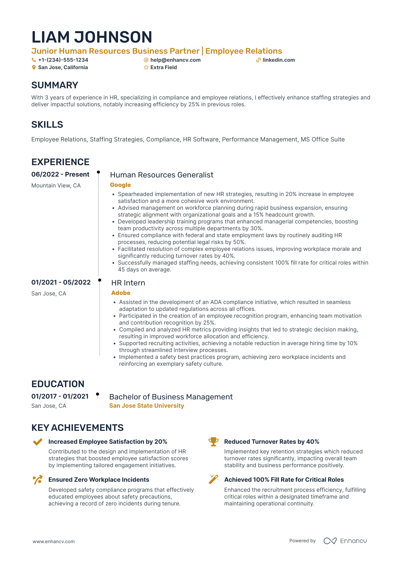 Junior HR Business Partner Resume Example