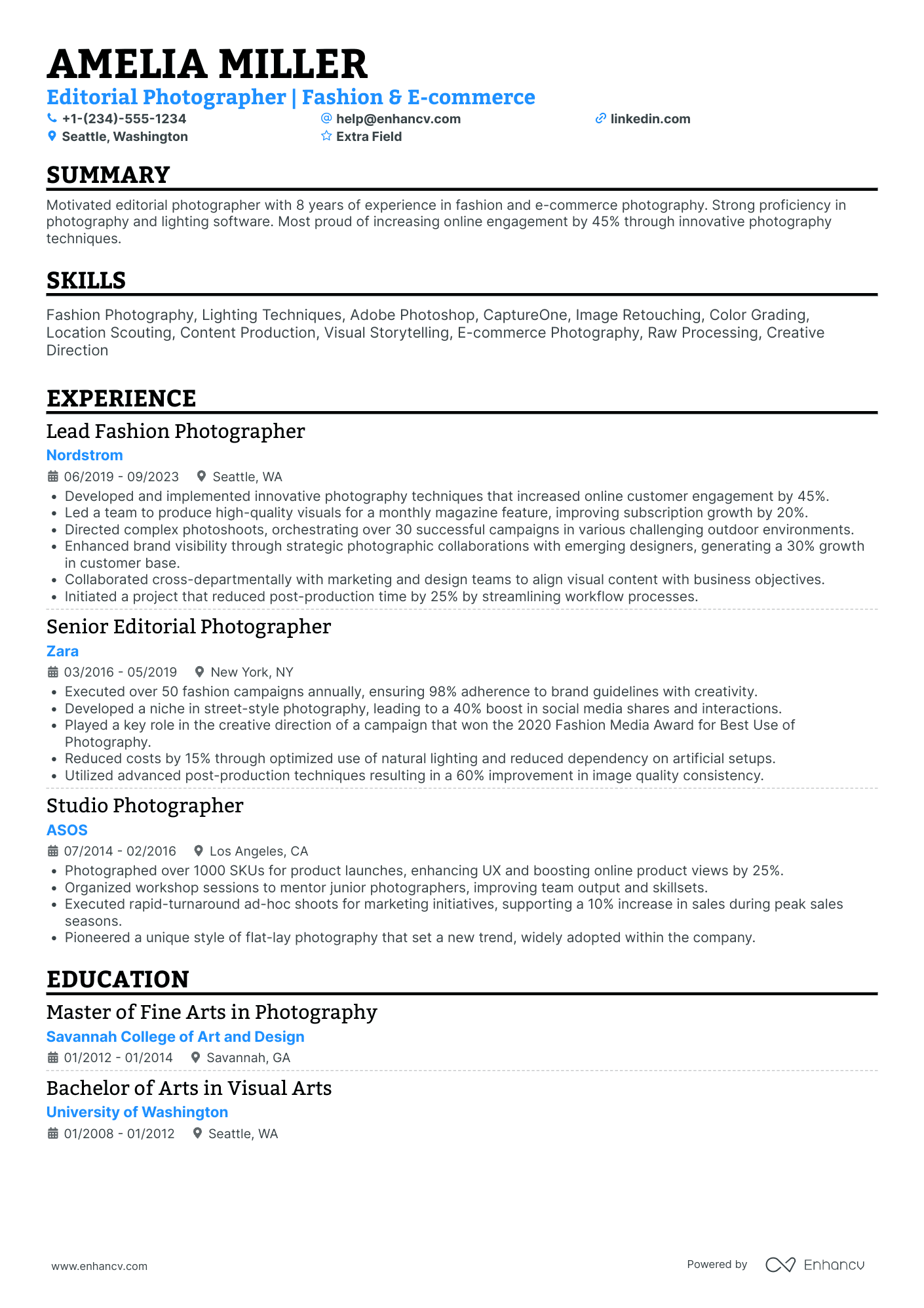 Freelance Fashion Photographer Resume Example