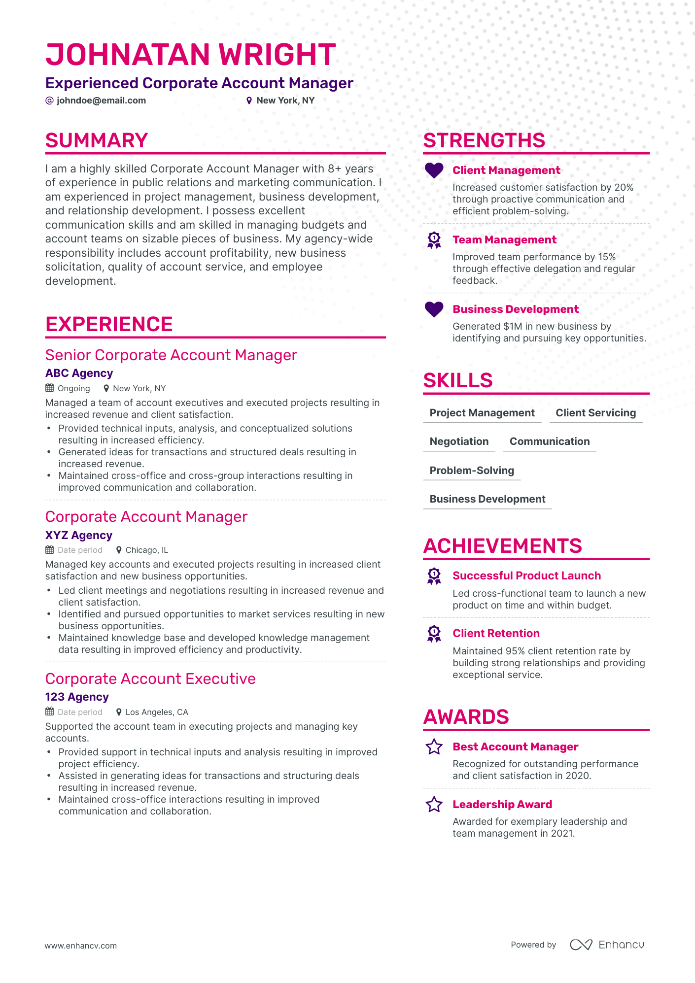 Corporate Account Manager Resume Example