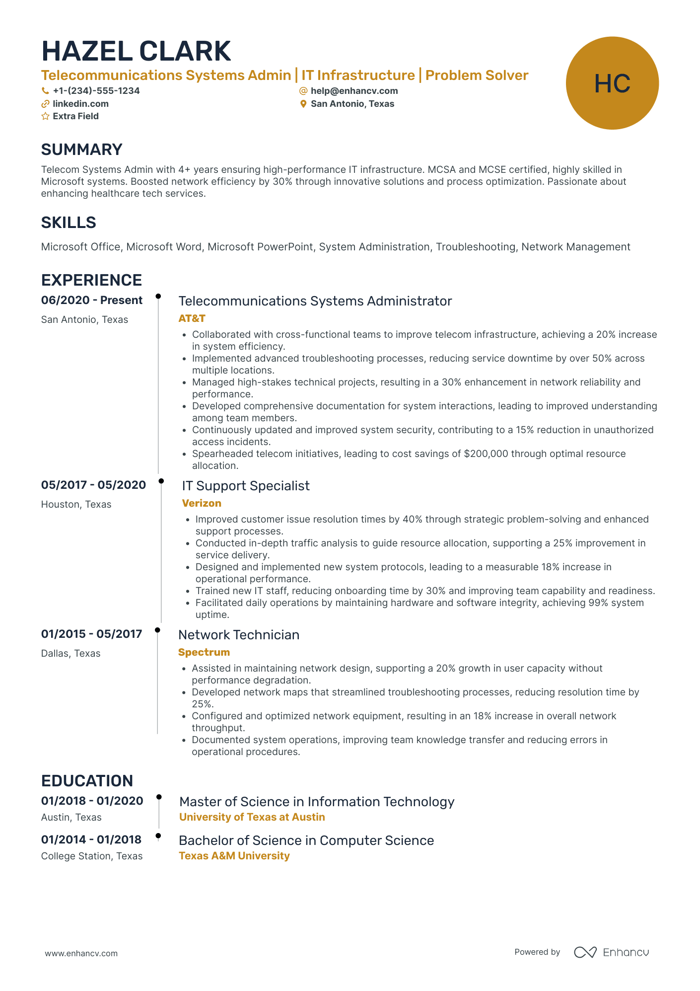 Telecommunications System Administrator Resume Example