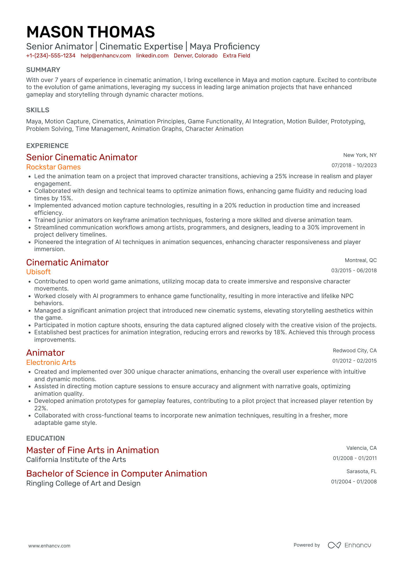 Animation Filmmaker Resume Example