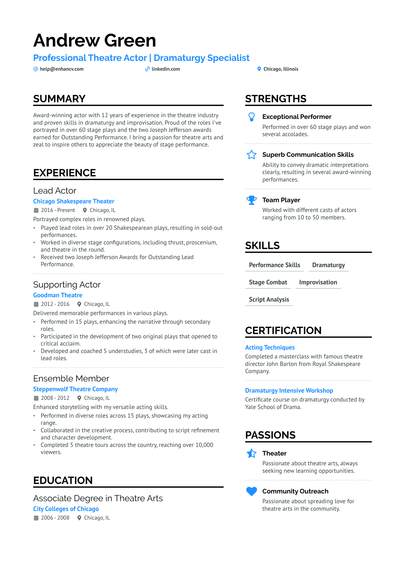 Professional Theatre Resume Example