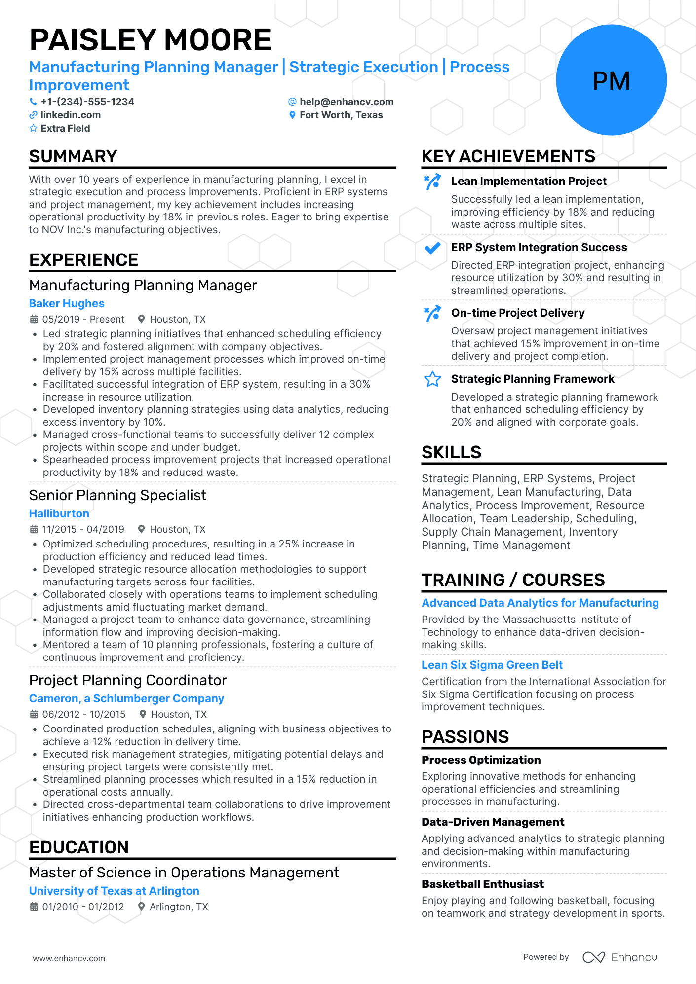 Manufacturing Planning Manager Resume Example