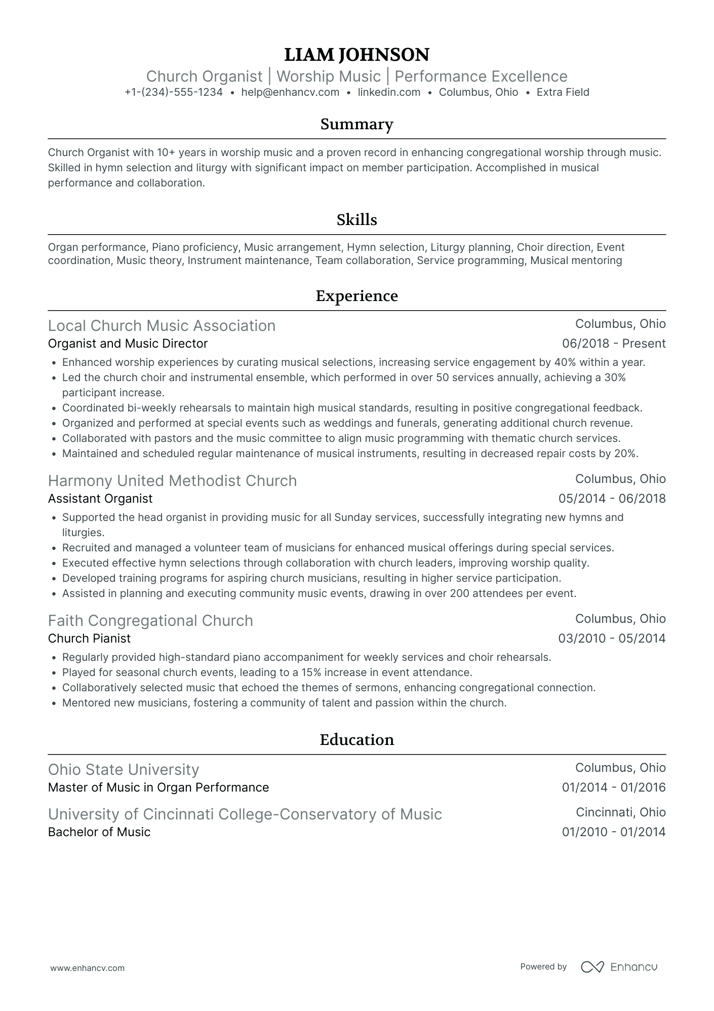 Church Musician Resume Example