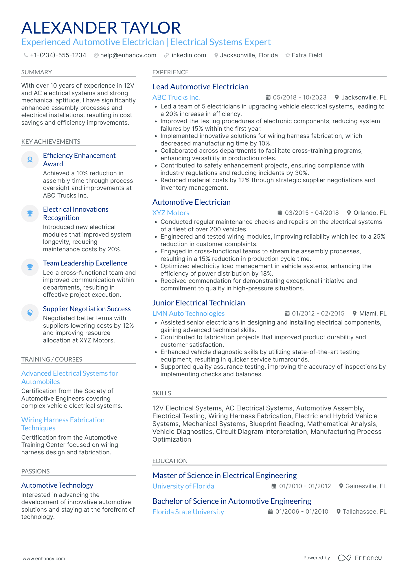 Automotive Electrician Resume Example