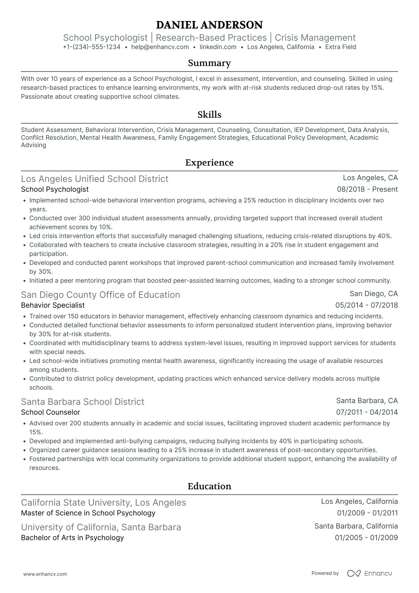 School Psychologist Resume Example