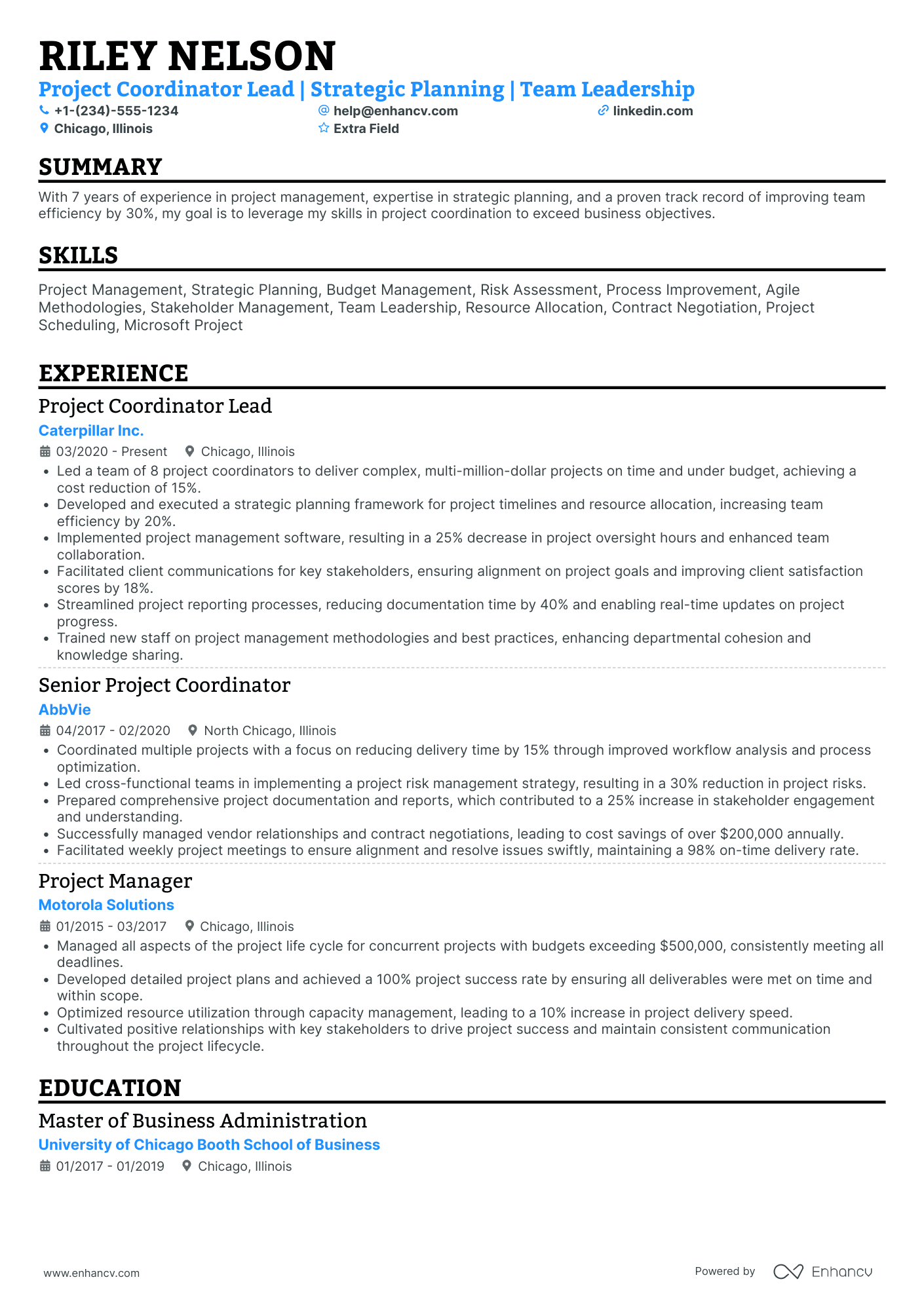 Project Coordinator Lead Resume Example