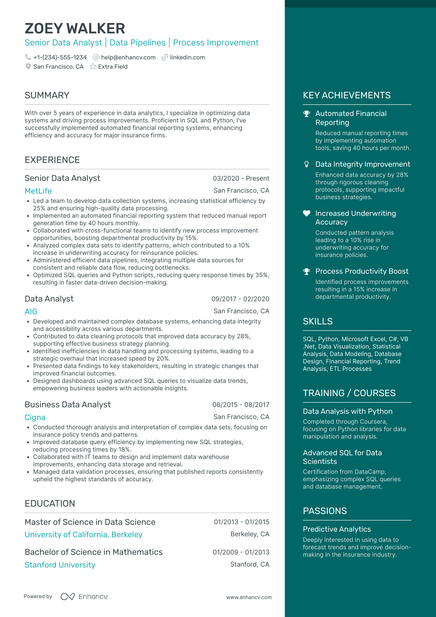 Undergraduate Data Analyst Resume Example