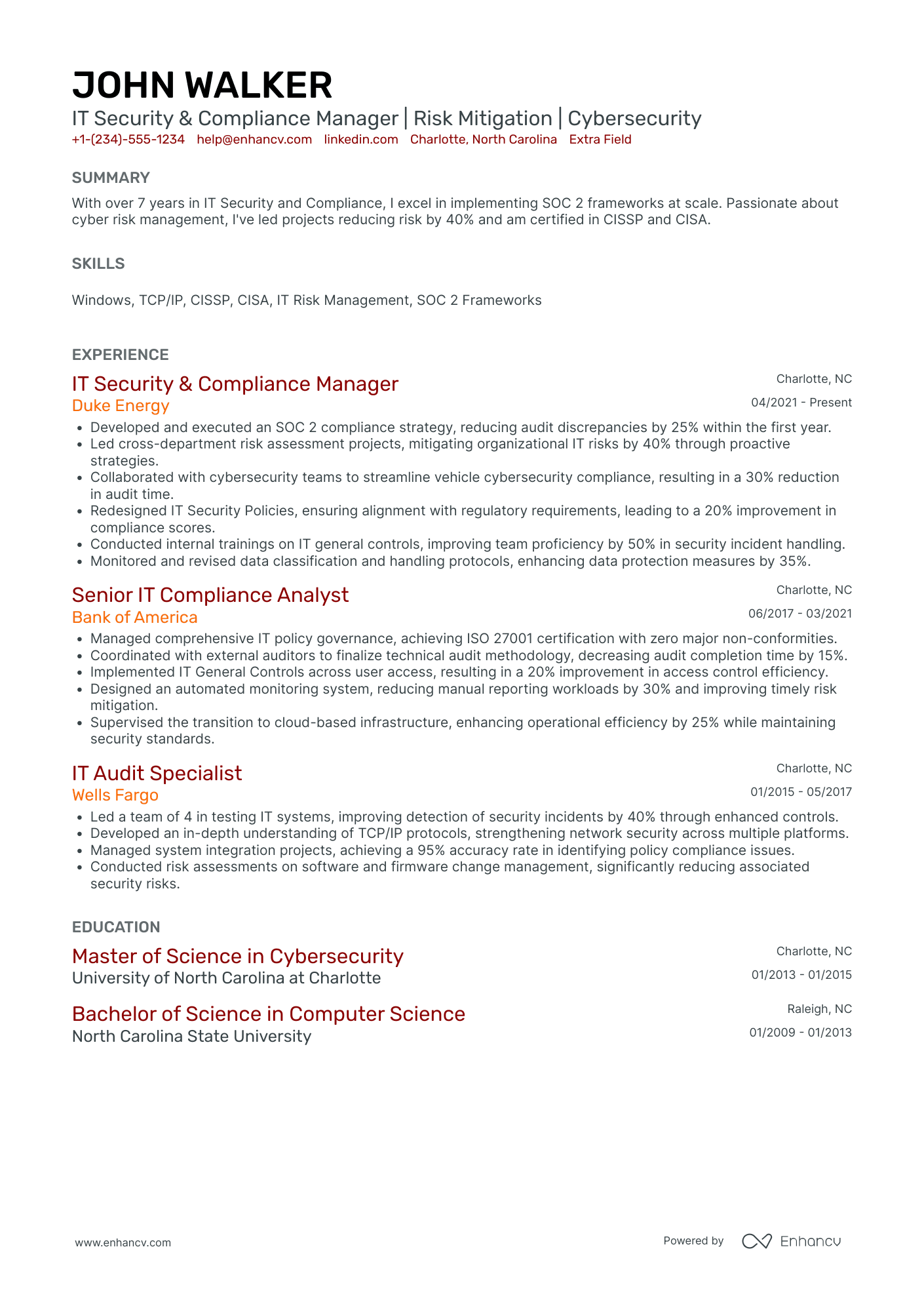 IT Compliance Manager Resume Example