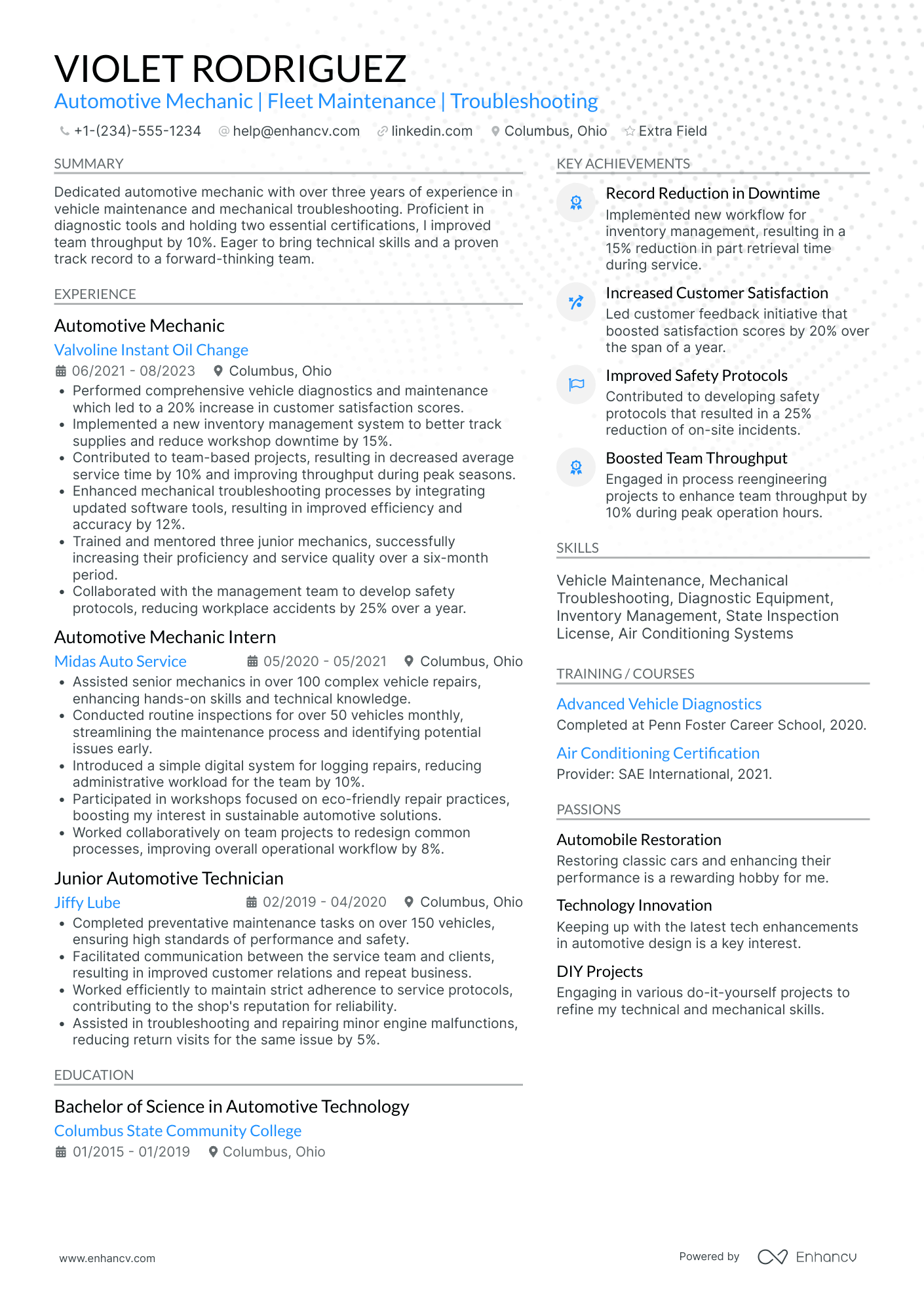 Junior Automotive Technician Resume Example