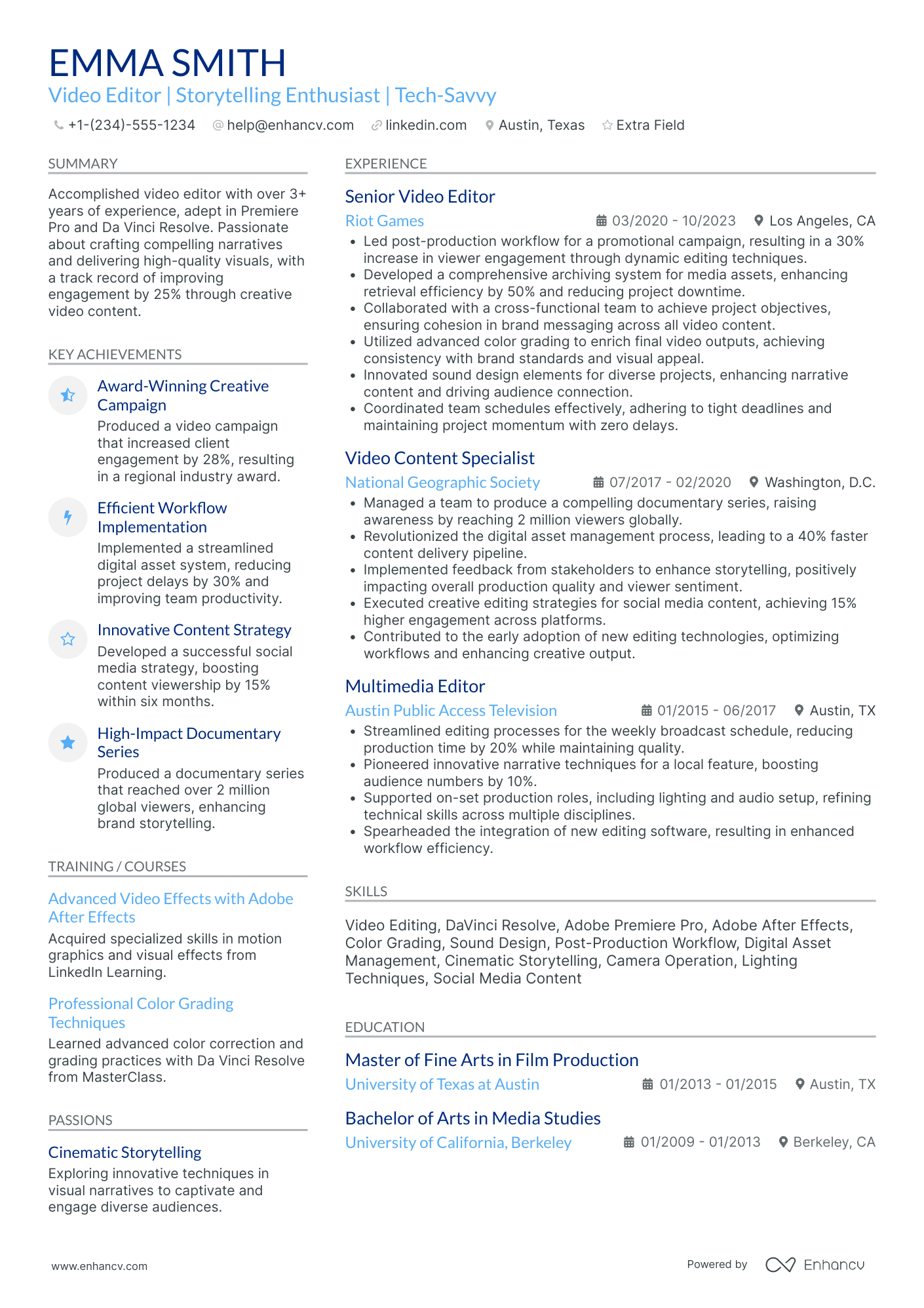 Lead Video Editor Resume Example