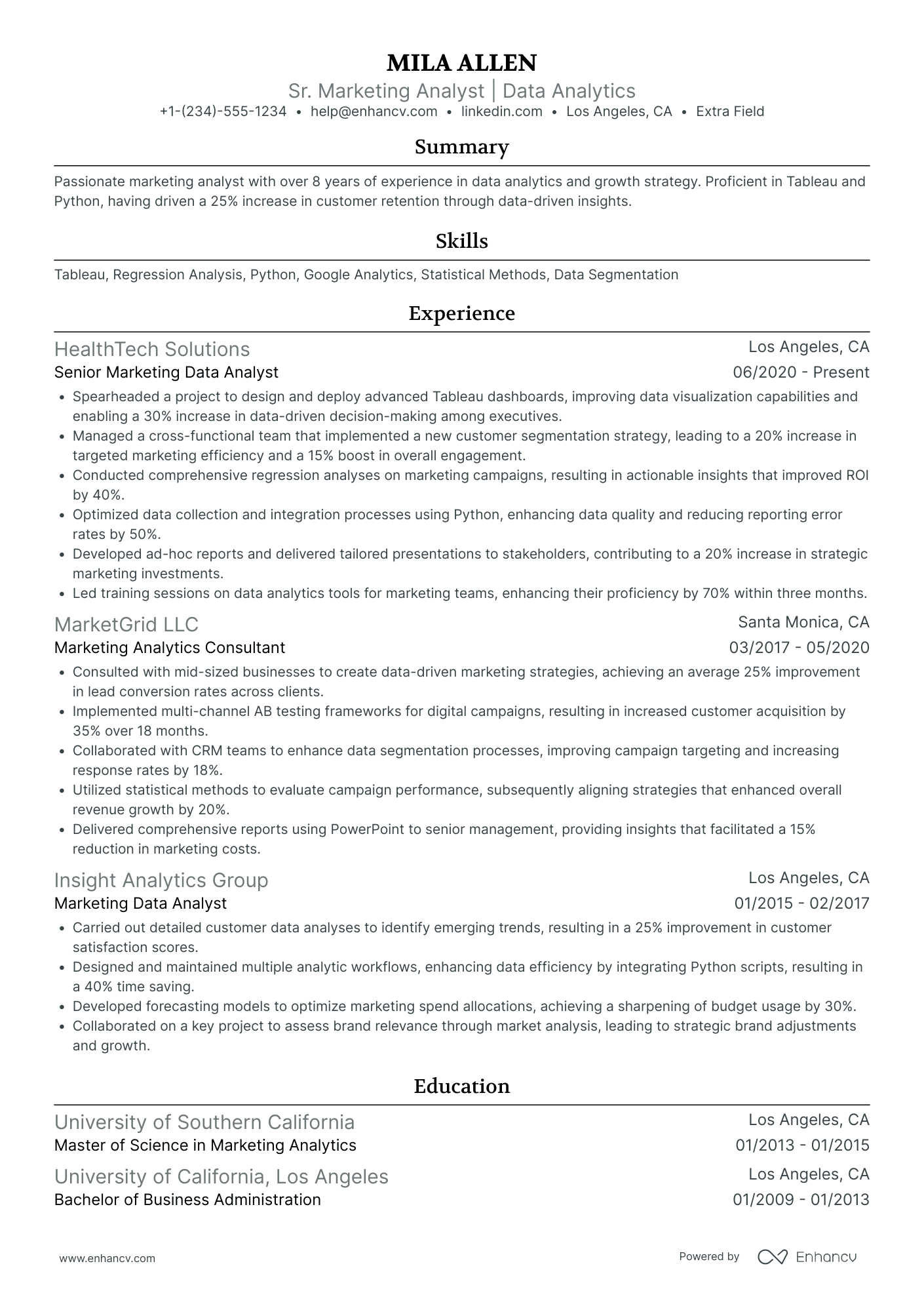 Marketing Project Analyst Resume Example