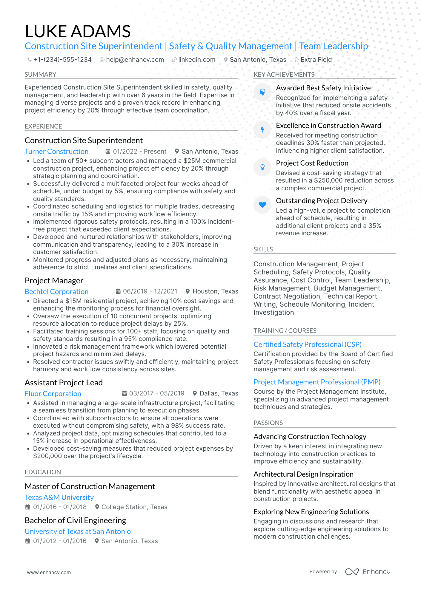 Site Construction Superintendent Resume Example