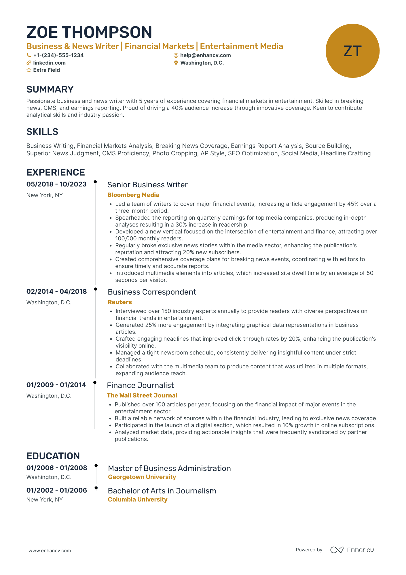 Freelance Business Writer Resume Example