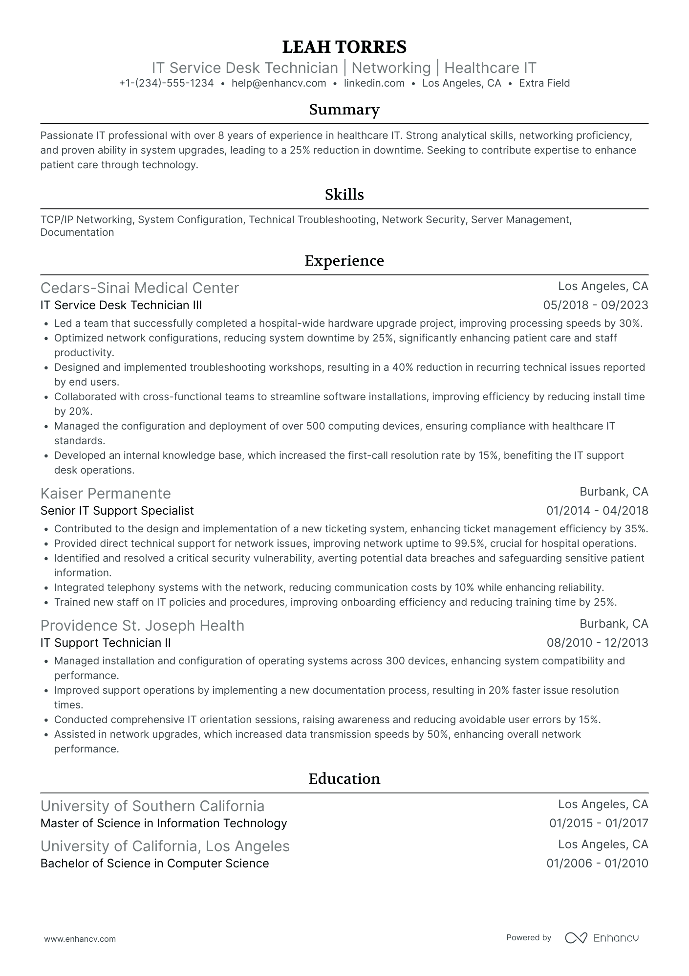 IT Service Desk Technician Resume Example